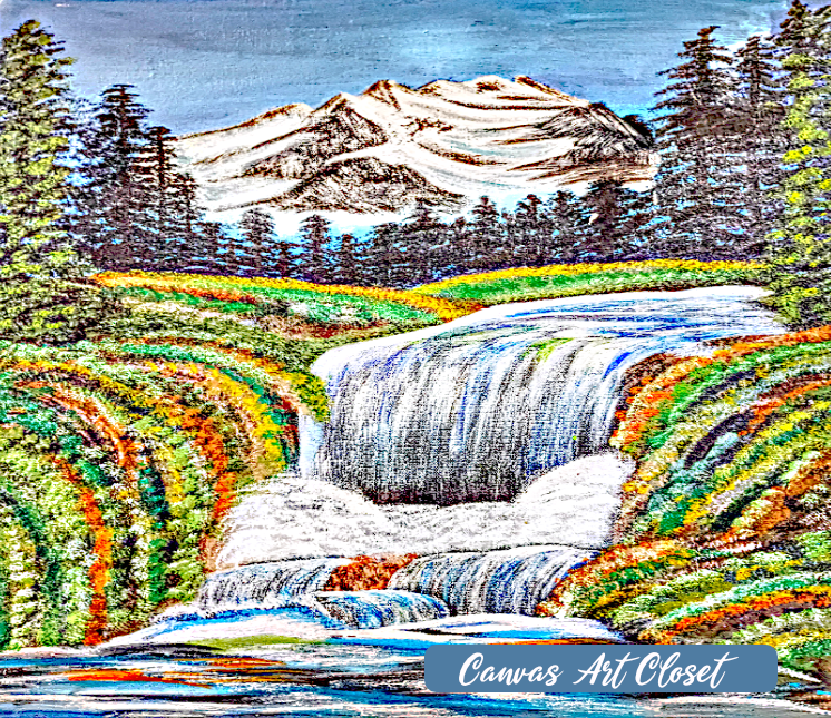 Vibrant Landscape Waterfall Painting Art Print, Mountains, Trees, 