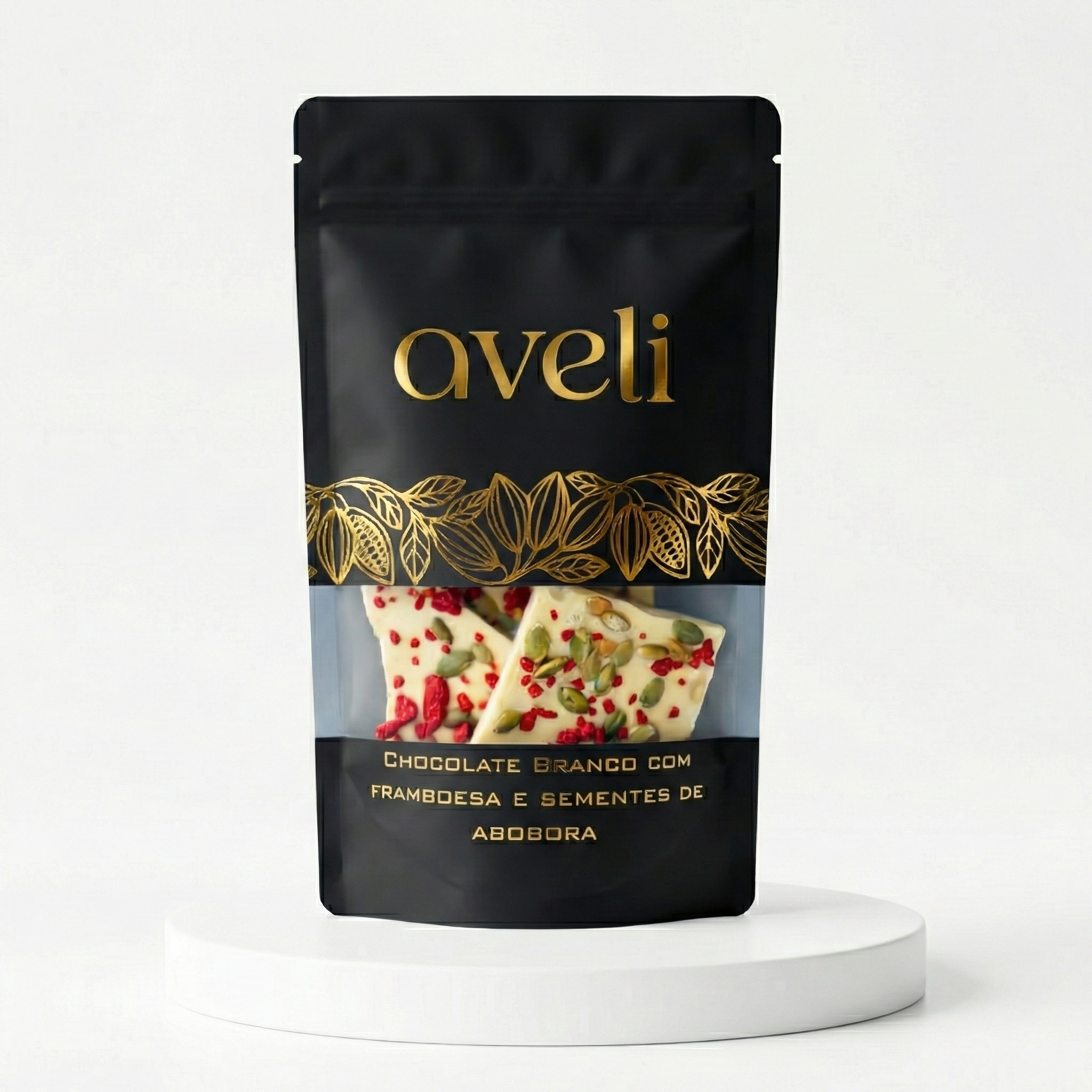 Cacos de Chocolate Branco, Framboesa e Semente de Abóbora