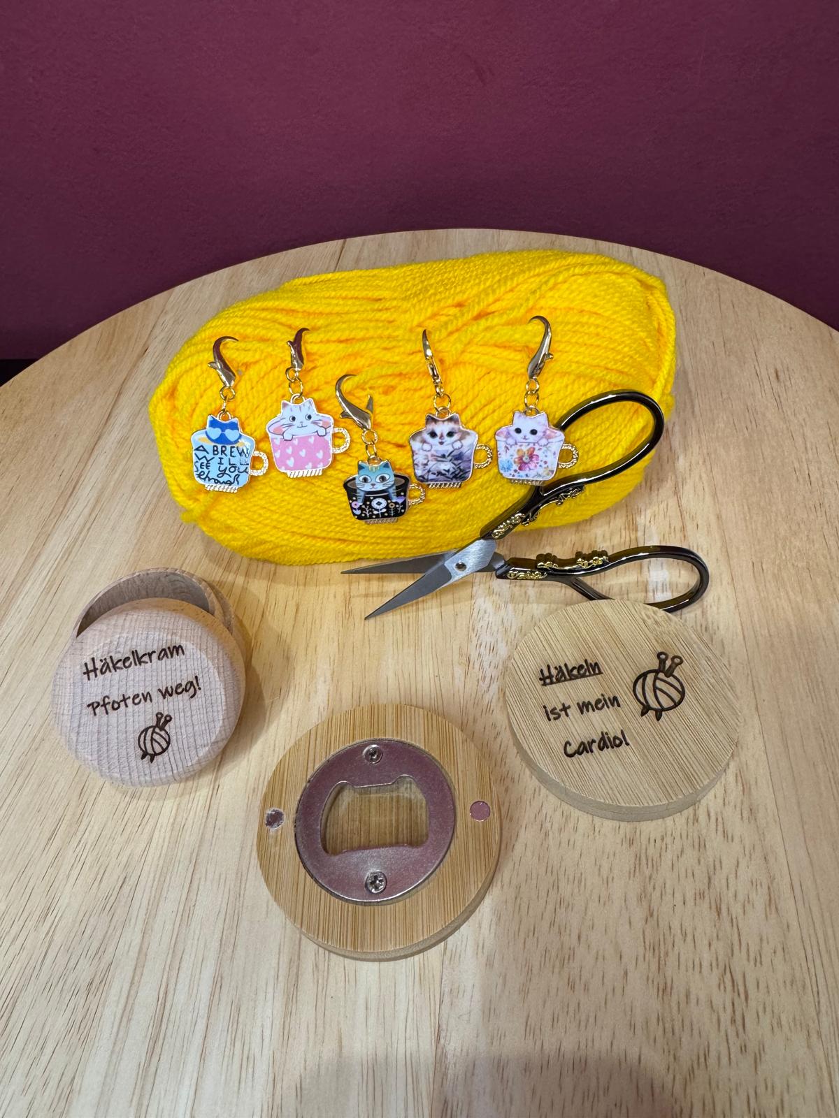 Gift Bundle „Pfoten weg & Cardio“ – Häkelzubehör Set mit Katzen-Maschenmarkierern