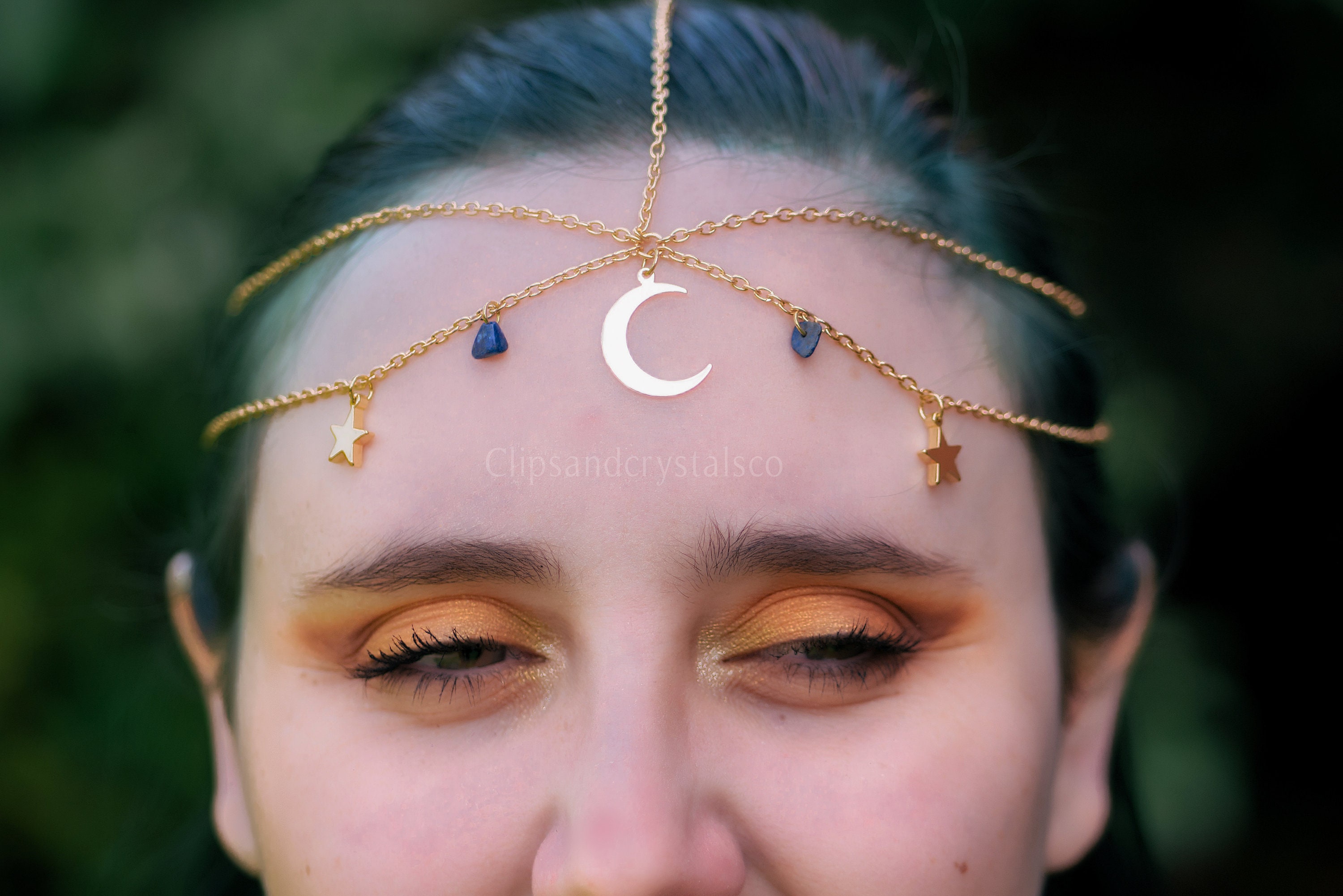 Gold Moon And Star Gemstone Head Chain - Many Crystal Options