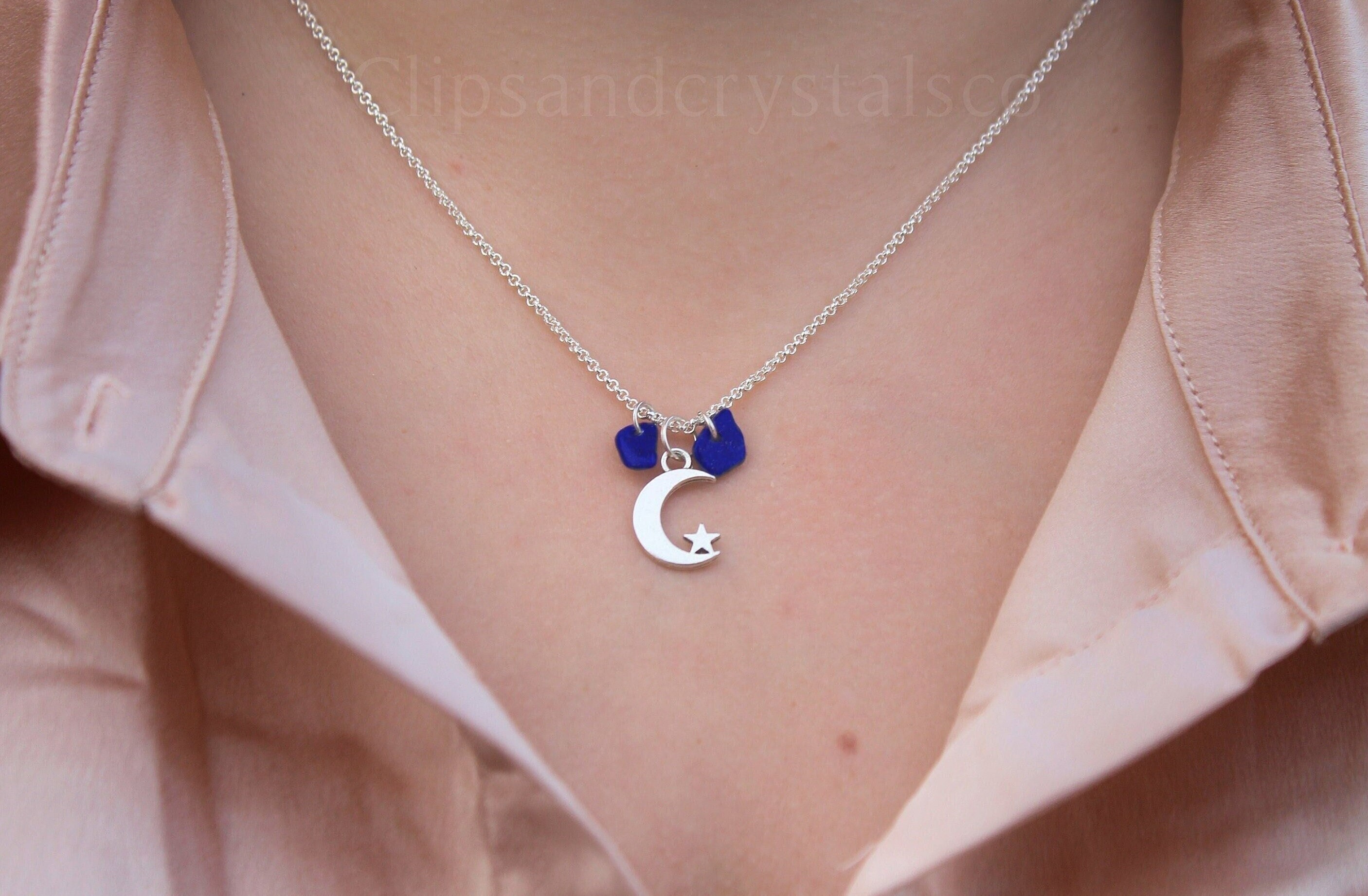Moon & Star Charm Necklace - Many Crystal Options
