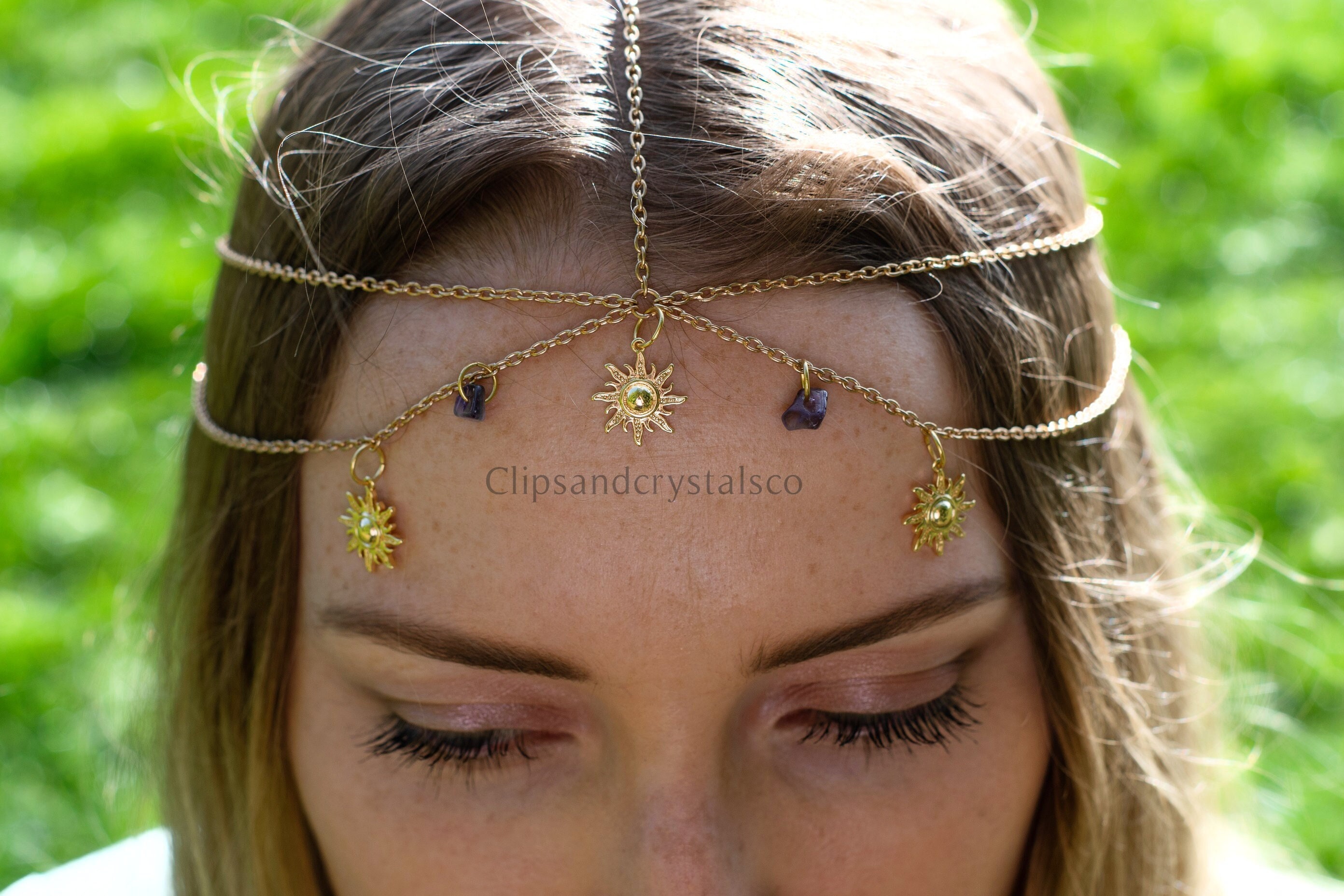 Triple Sun Goddess Gemstone Head Chain - Many Crystal Options