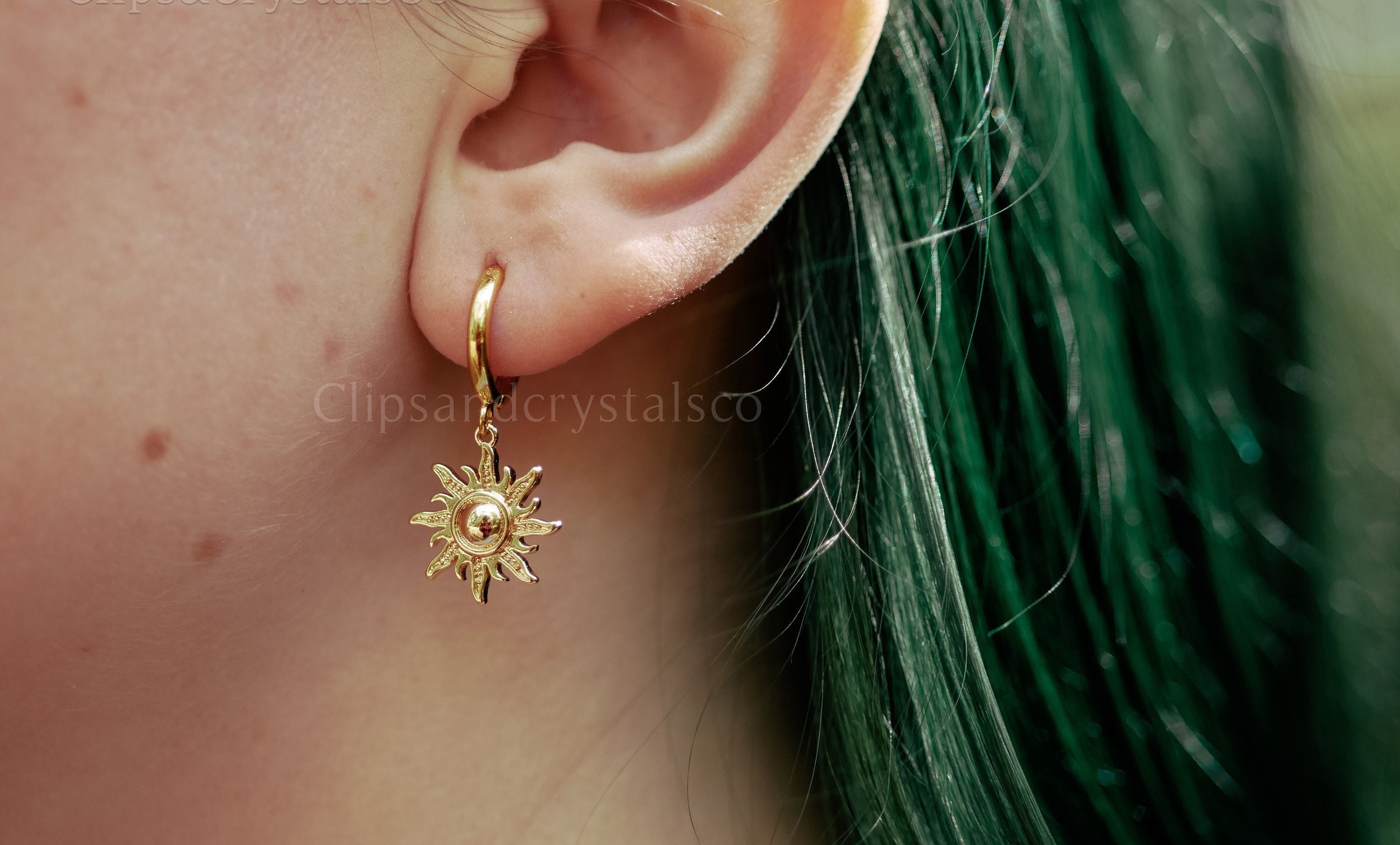 Gold Sun Dangle Huggie Hoop Earrings