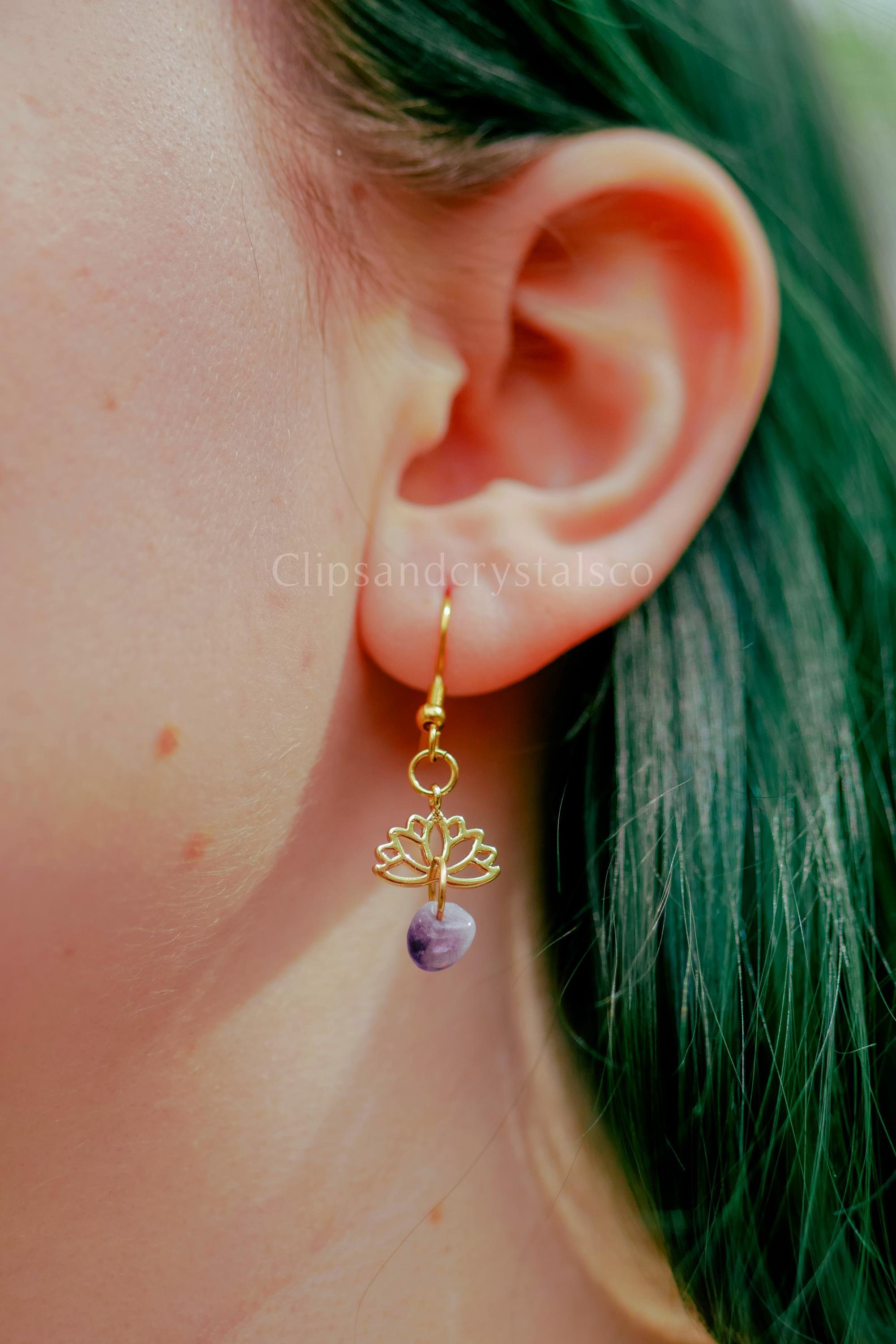 Gold Lotus Flower Dangle Earrings - Many Crystal Options