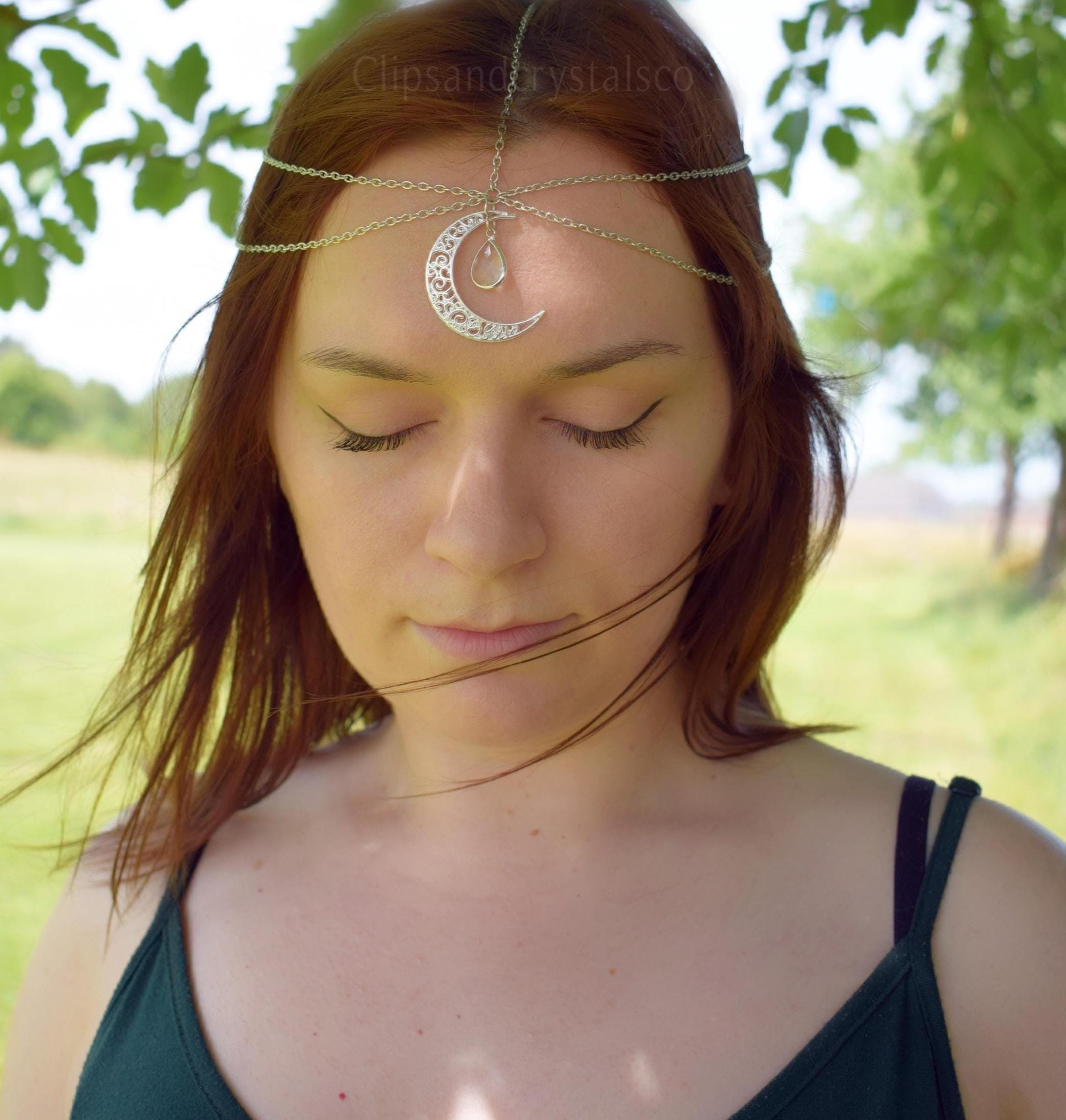 Silver Crystal Crescent Moon Head Chain