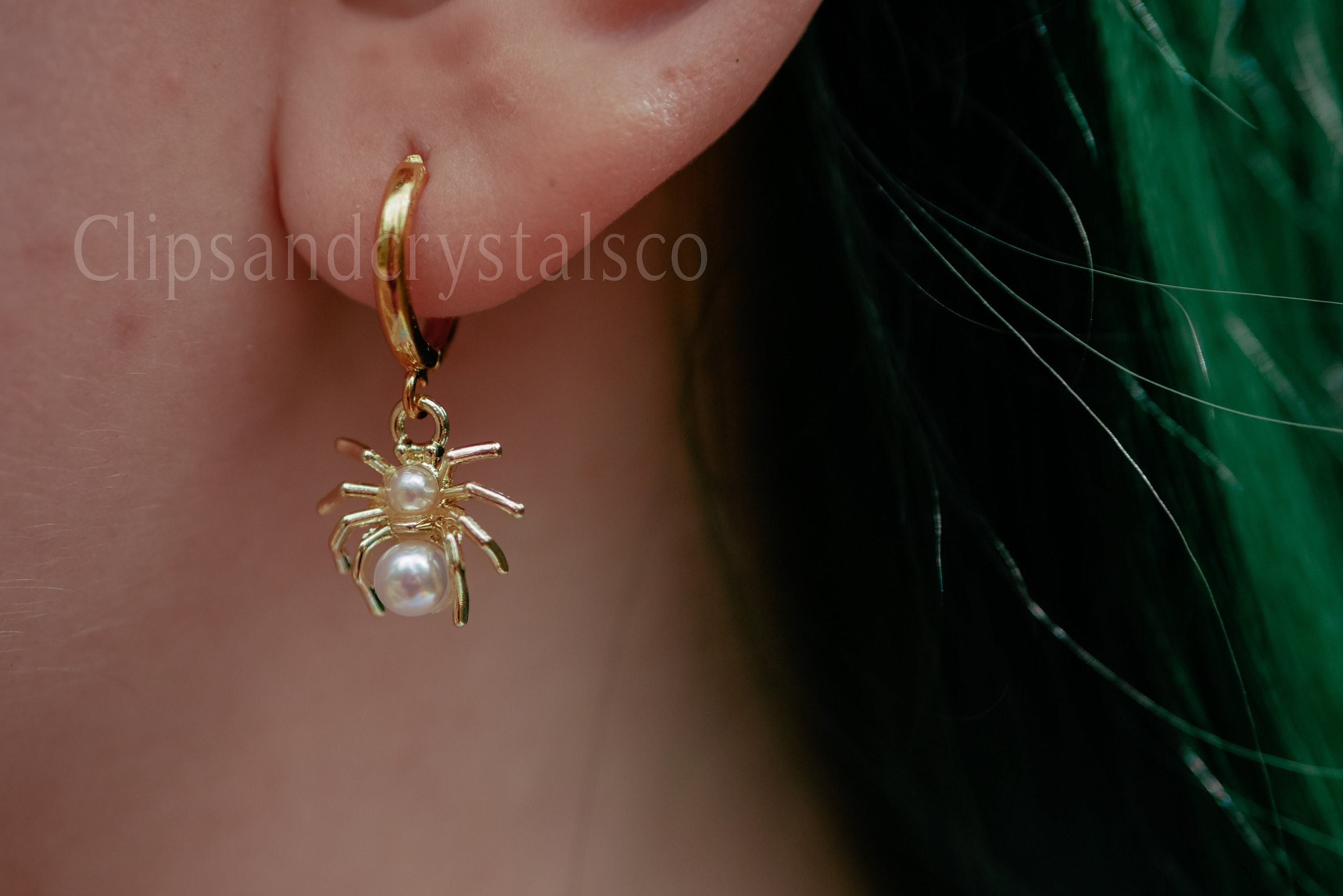 Gold Spider Dangle Huggie Hoop Earrings with Pearls