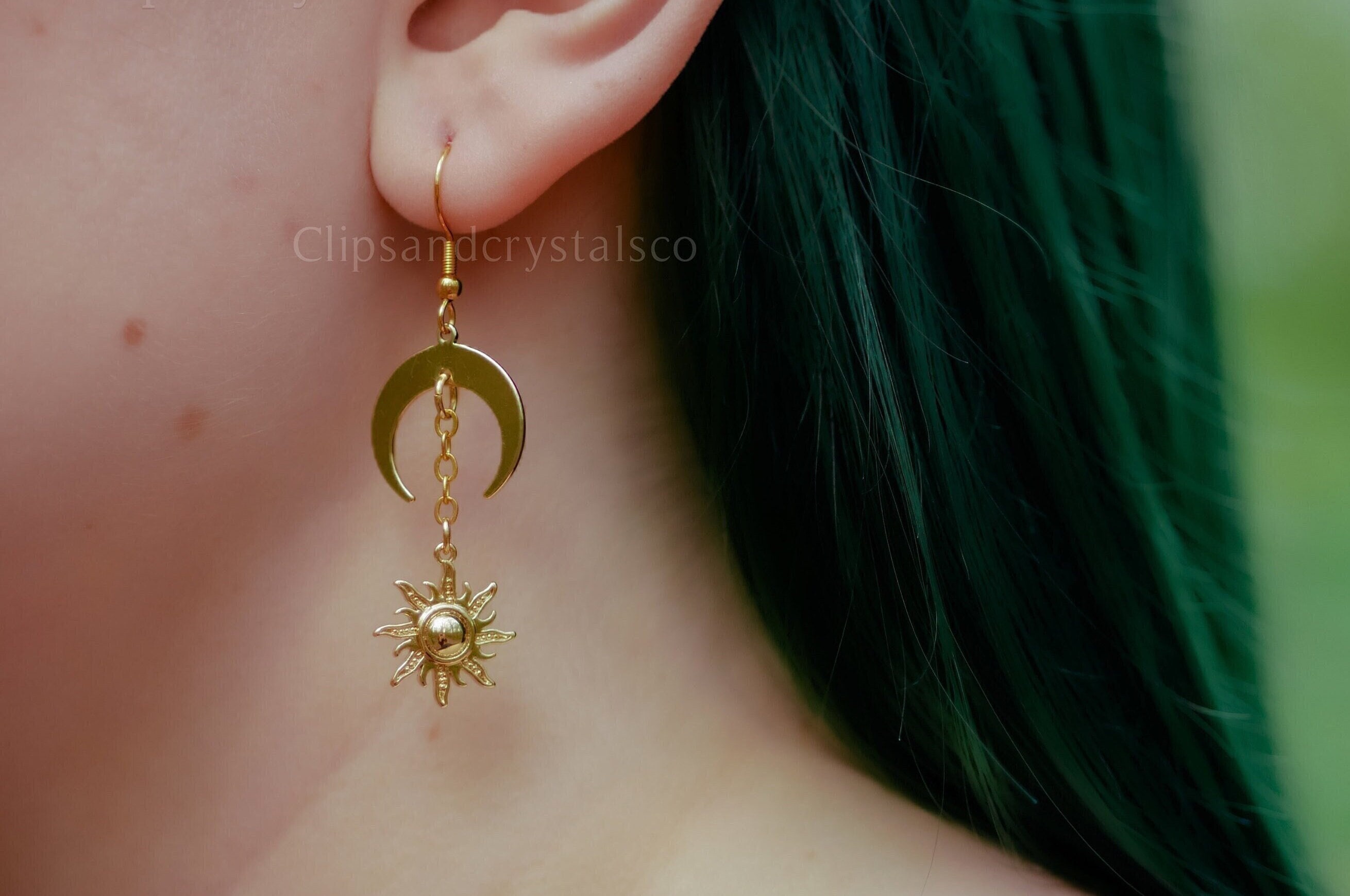 Gold Crescent Moon Sun Earrings