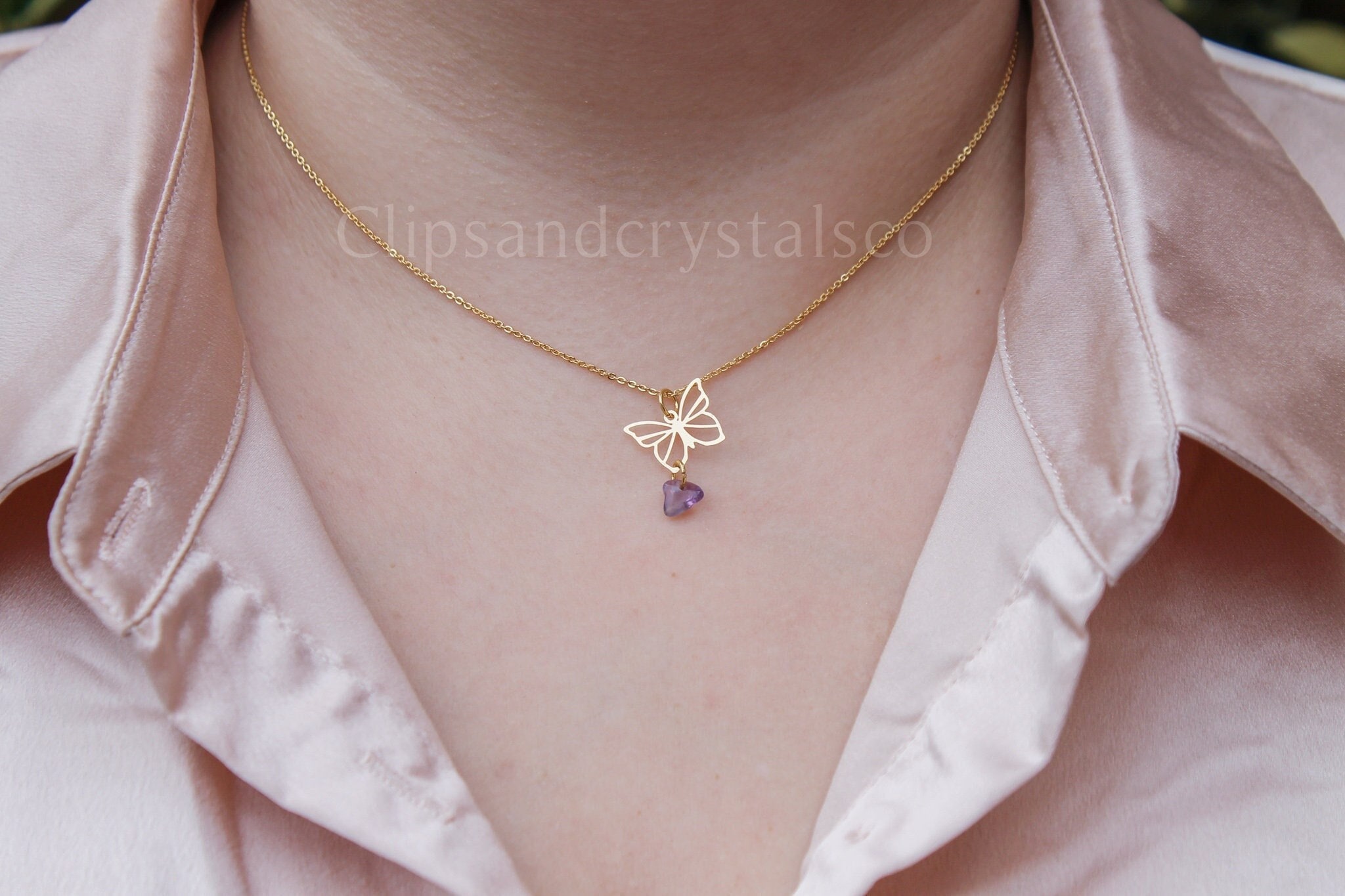 Gold Butterfly Pendant Necklace - Many Crystal Options