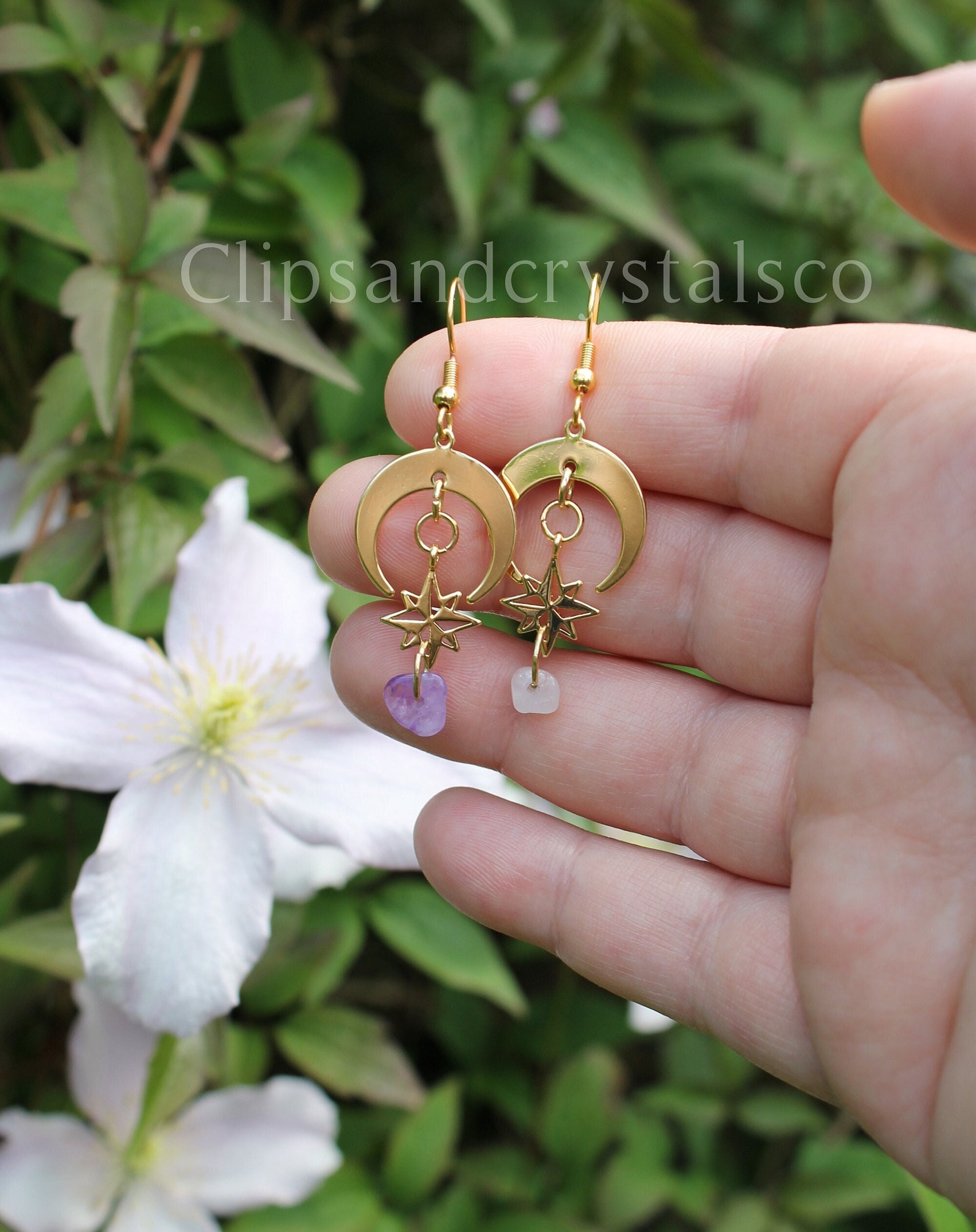 Gold Crescent Moon And Star Crystal Earrings - Many Crystal Options