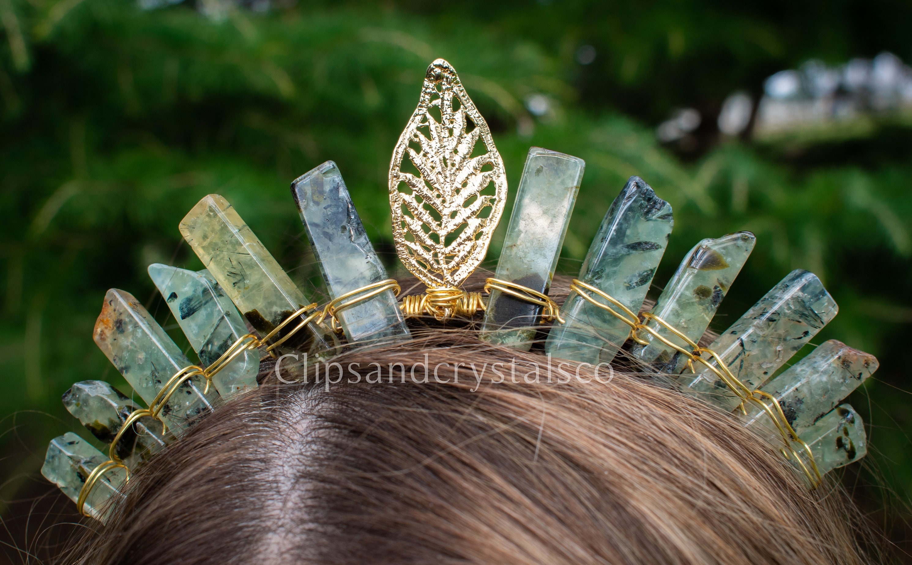 Green And Gold Crystal Leaf Tiara