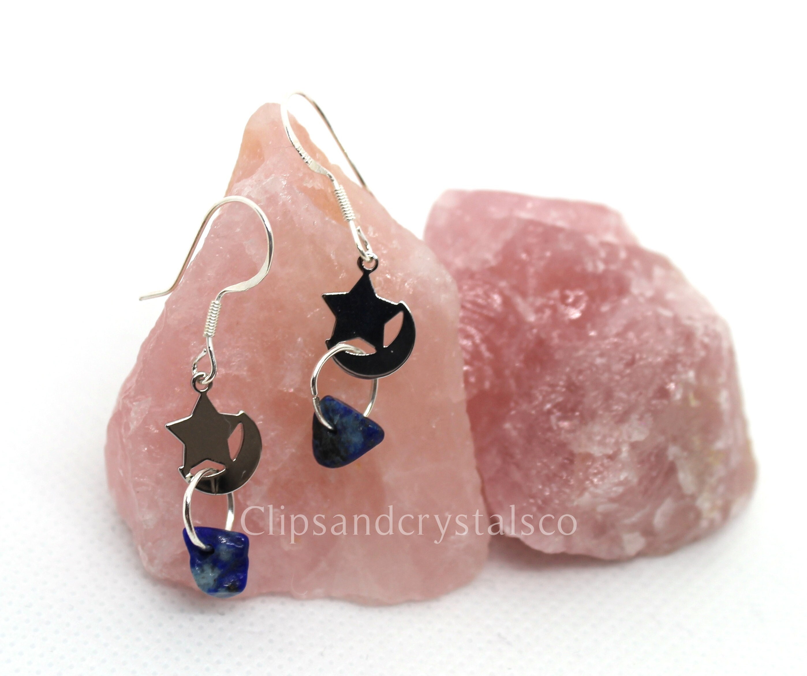 Silver Moon And Star Gemstone Earrings - Many Crystal Options