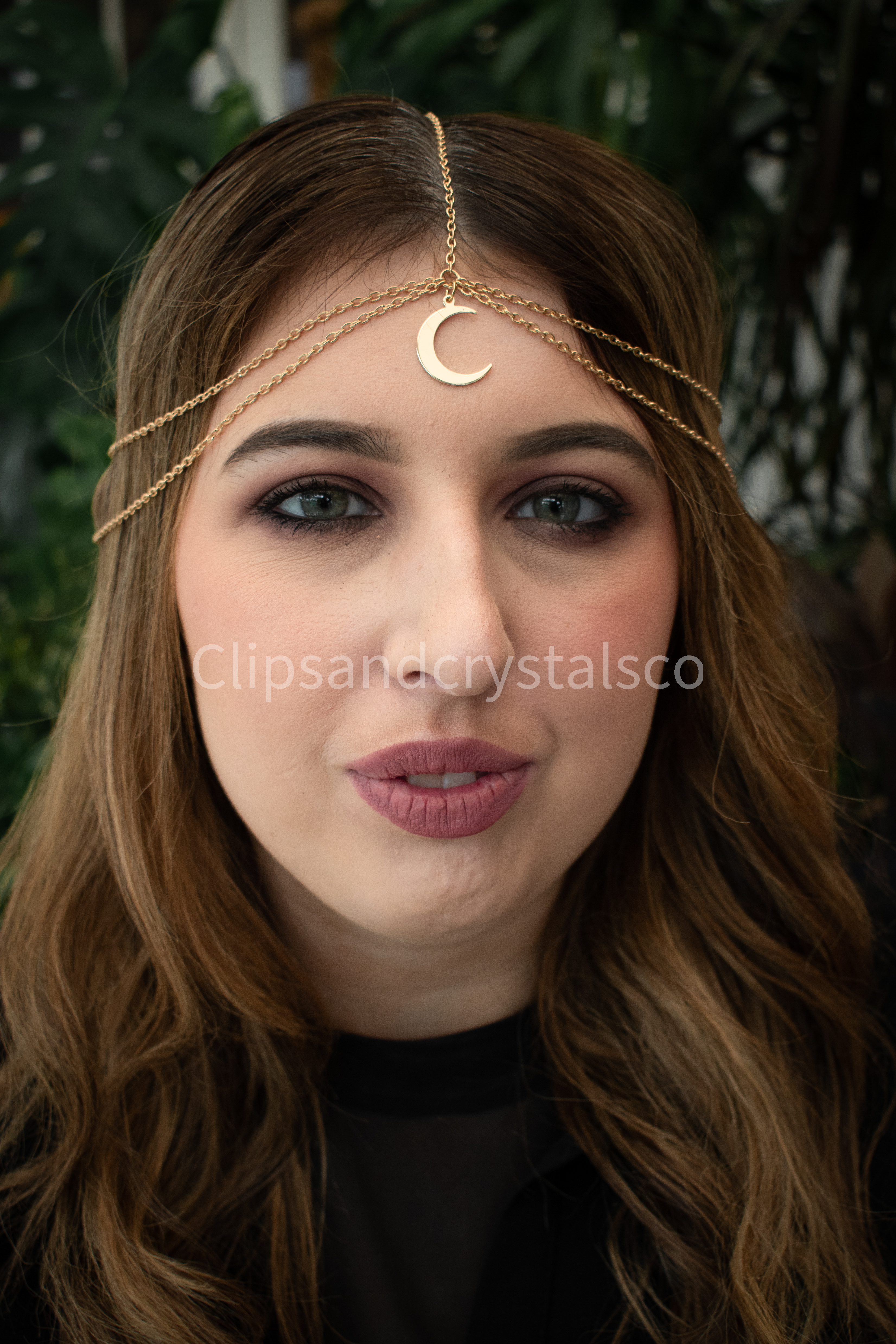 Gold Moon Headpiece With Teardrop Crystal Pendant 