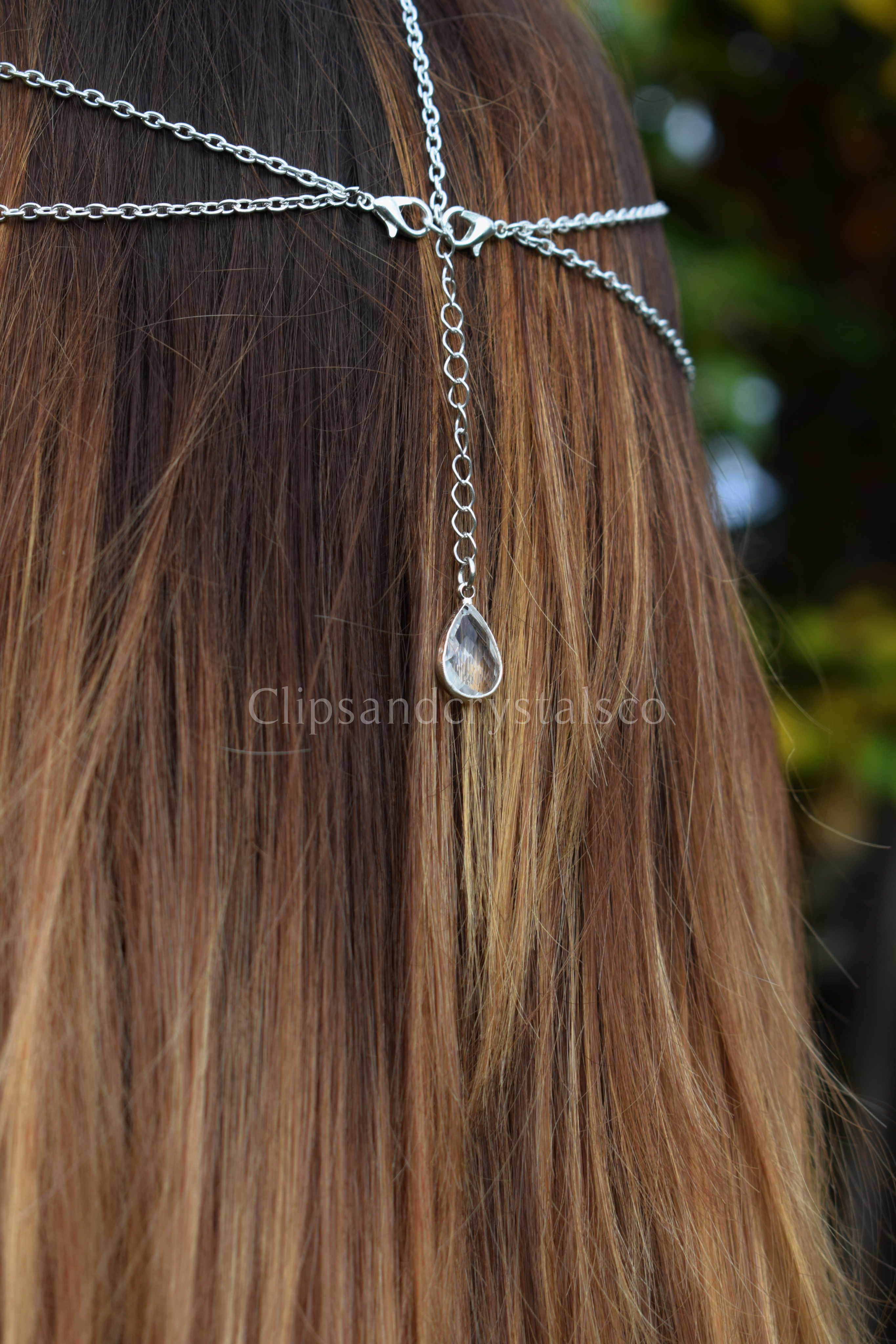 Silver Headpiece With Teardrop Crystal Pendant  