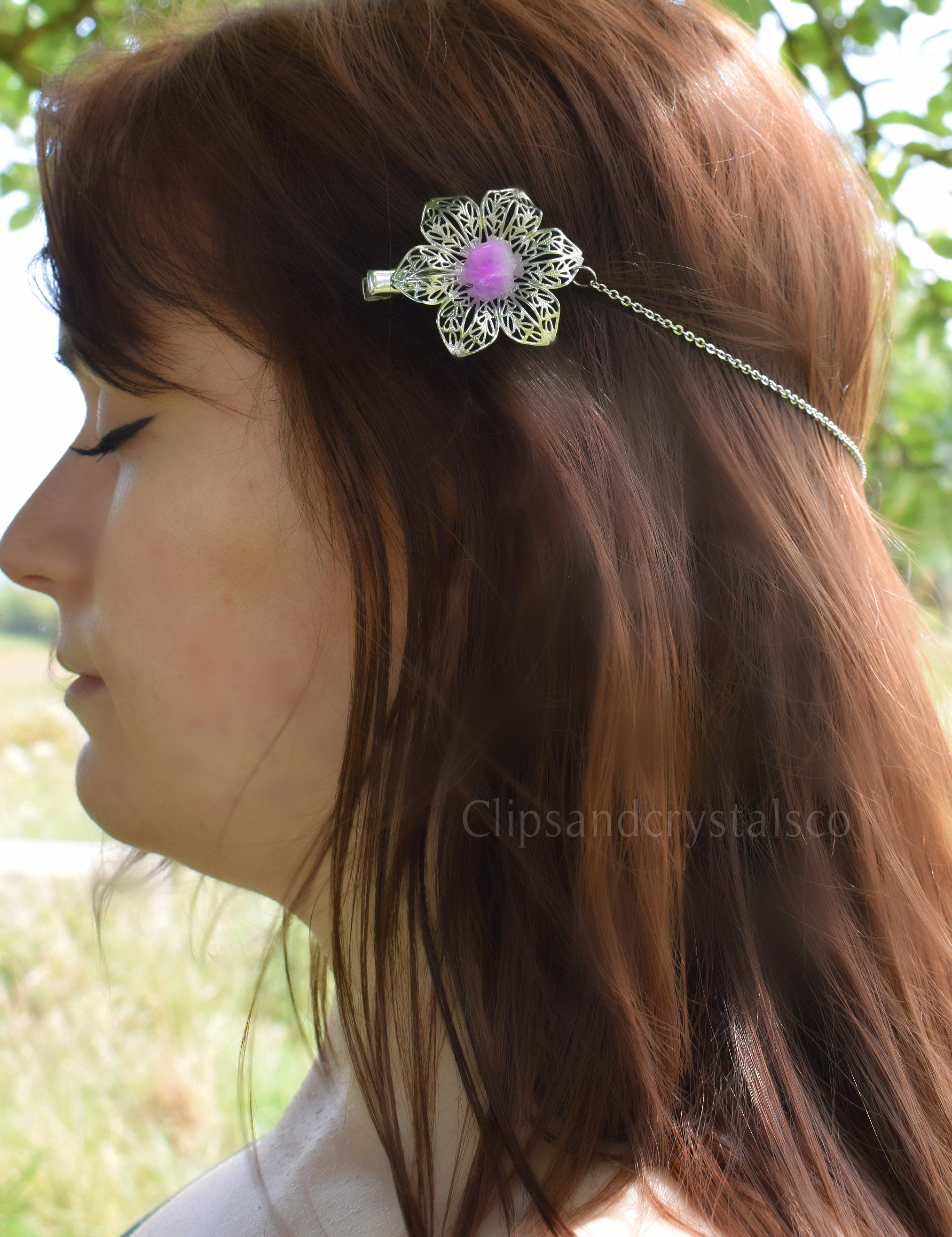 Silver Flower Moon Crystal Hair Chain