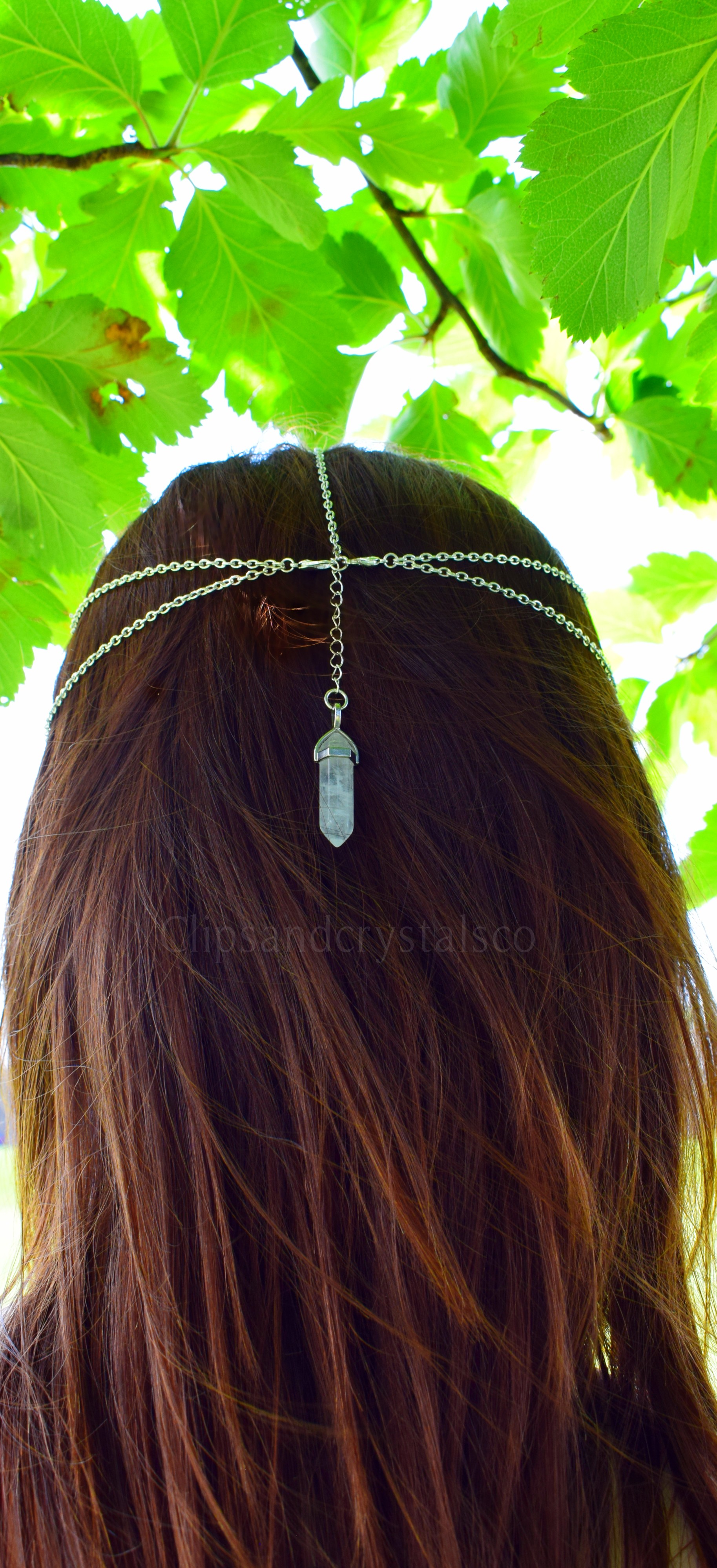Silver Crystal Crescent Moon Head Chain