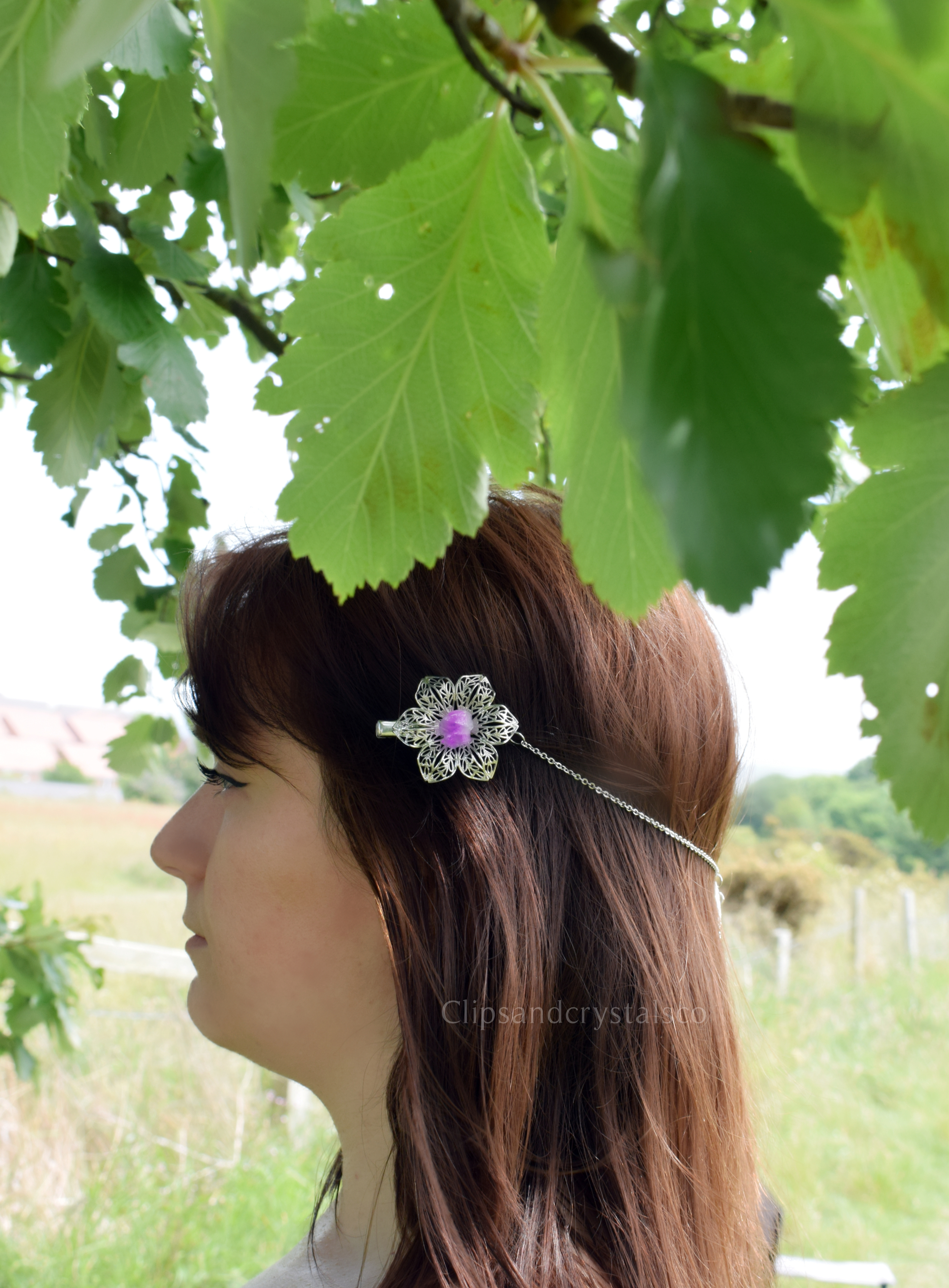 Silver Flower Moon Crystal Hair Chain