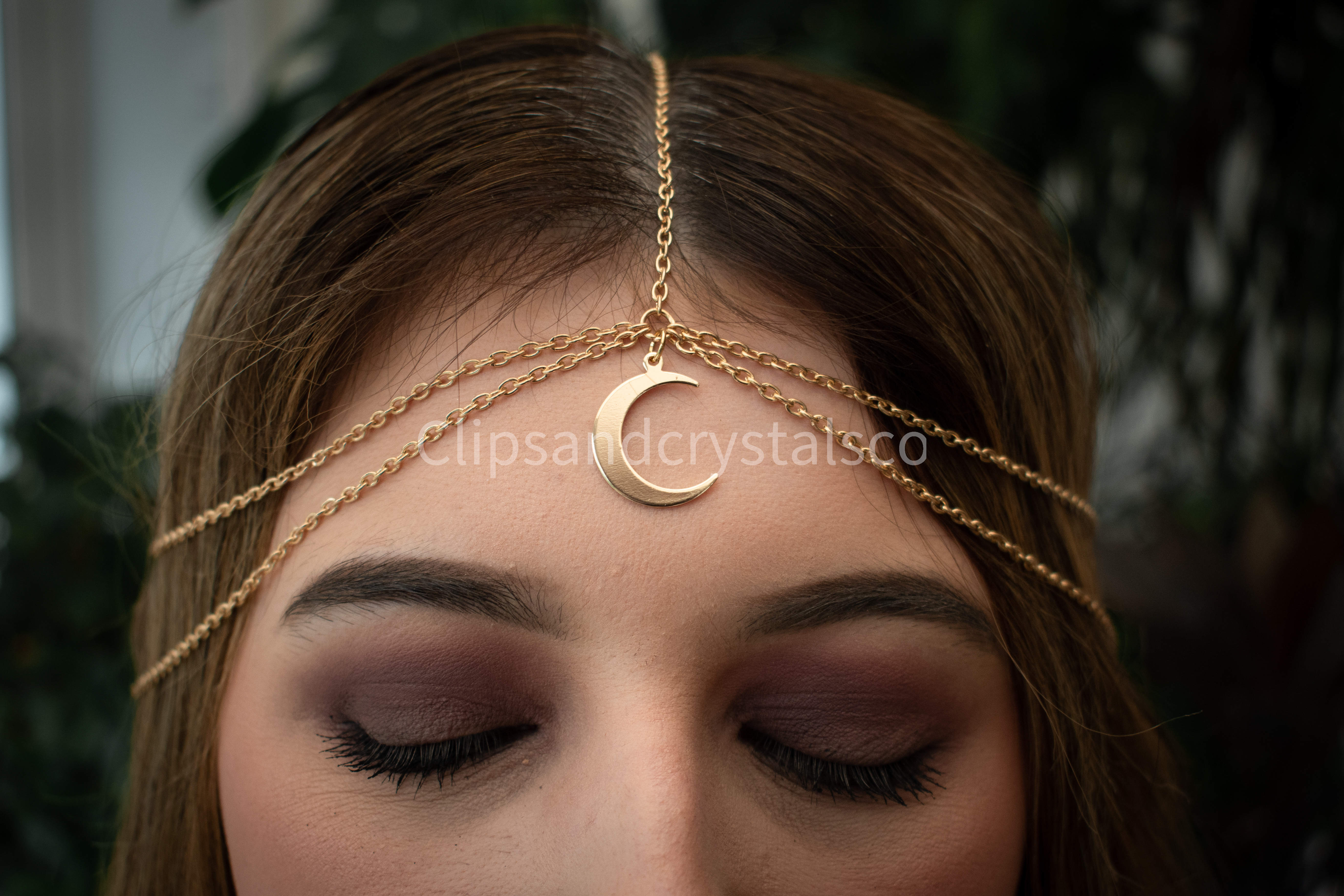 Gold Moon Headpiece With Teardrop Crystal Pendant 