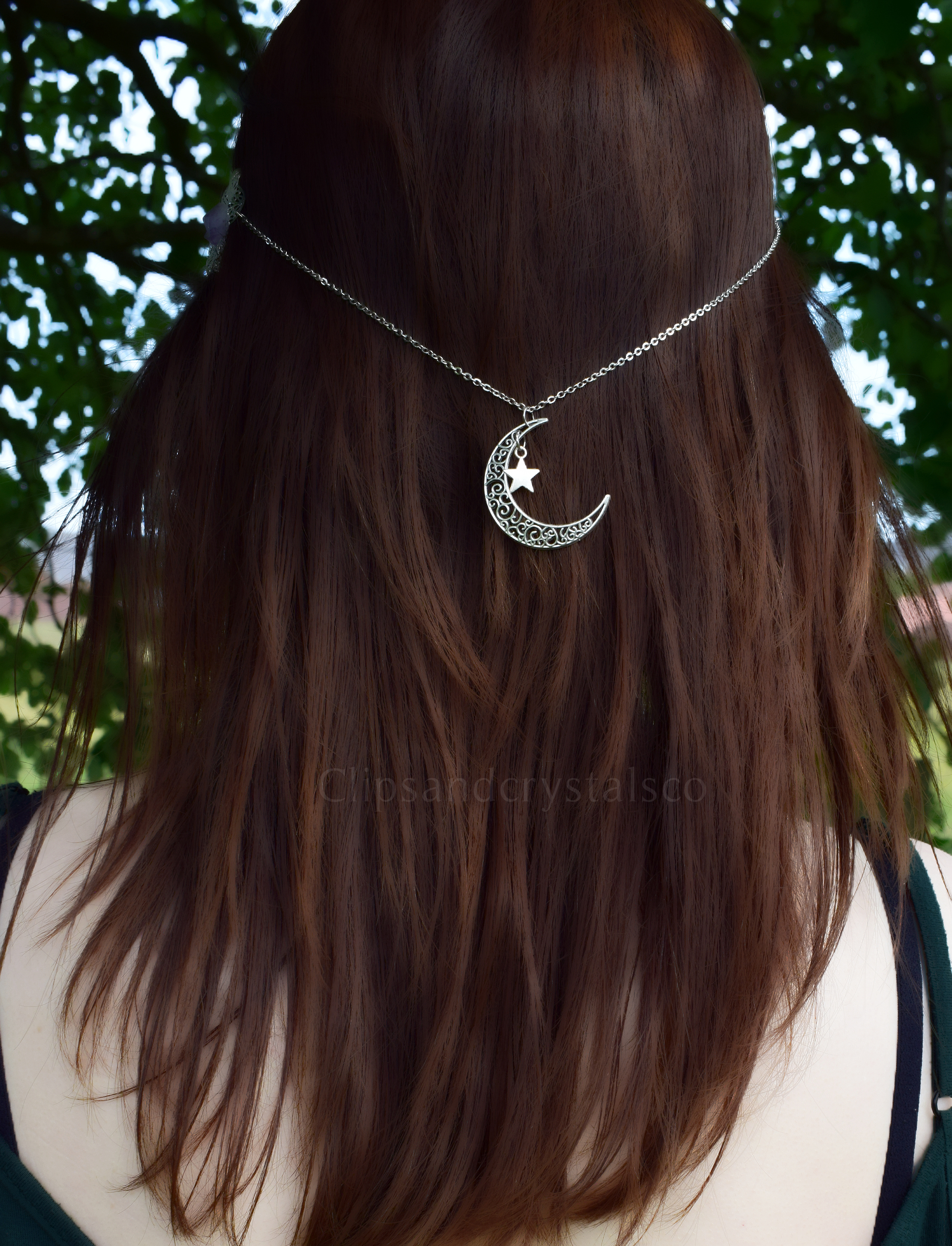 Silver Flower Moon Crystal Hair Chain