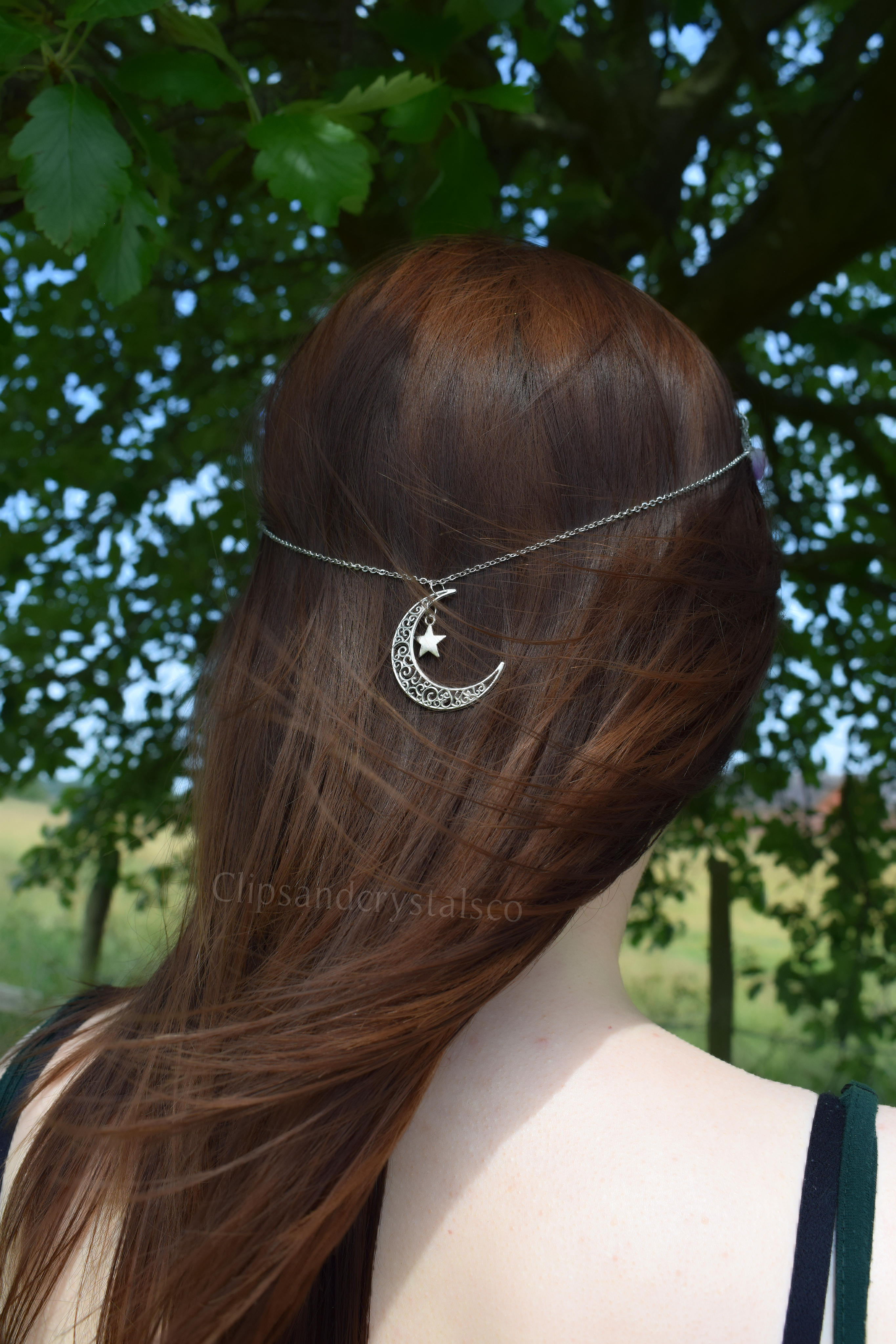 Silver Flower Moon Crystal Hair Chain
