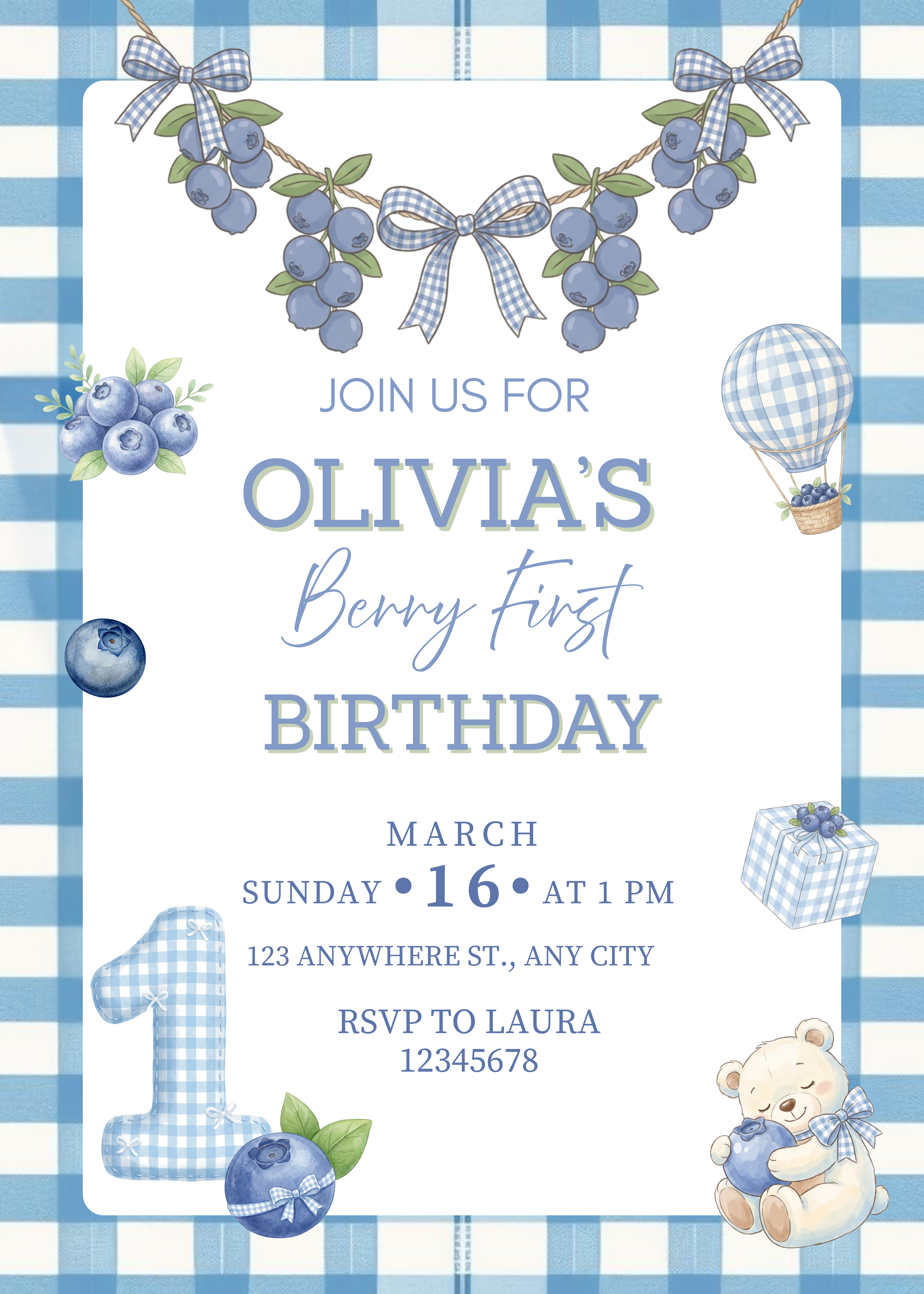 Blueberry First Birthday Invitation 