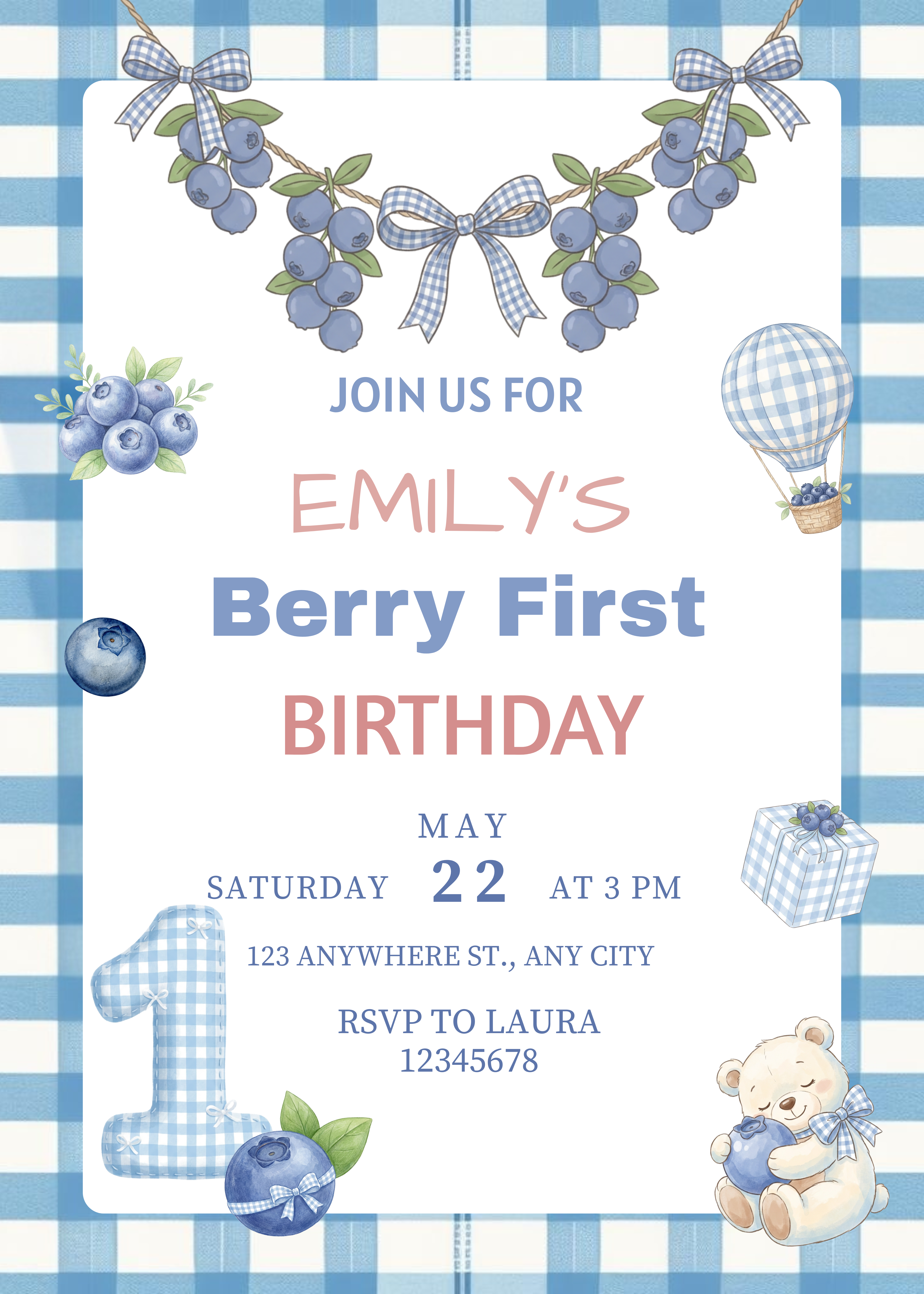 Blueberry First Birthday Invitation 