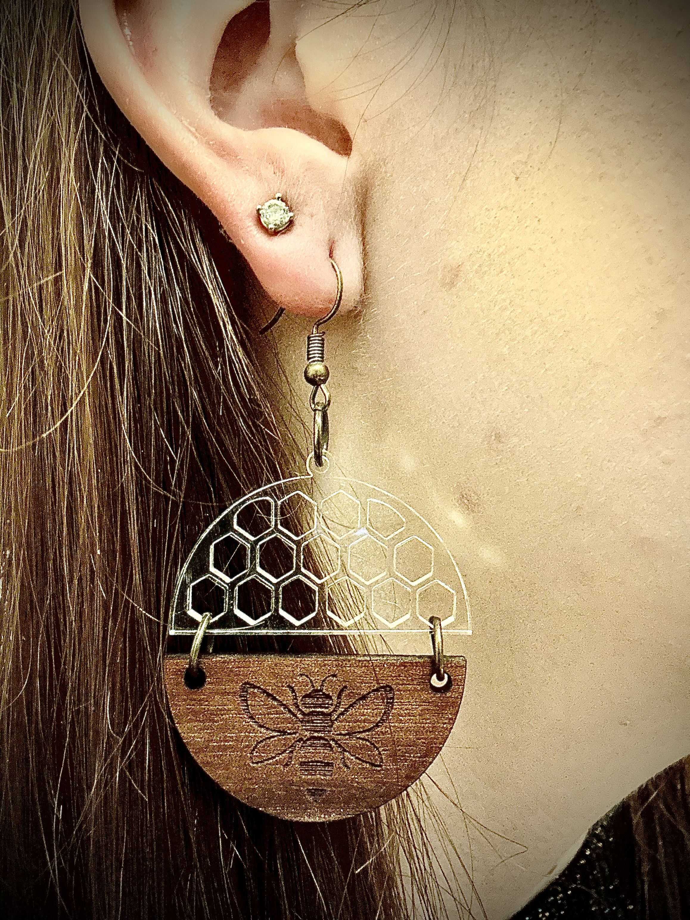 Bee and Honeycomb Wood and Acrylic Earring