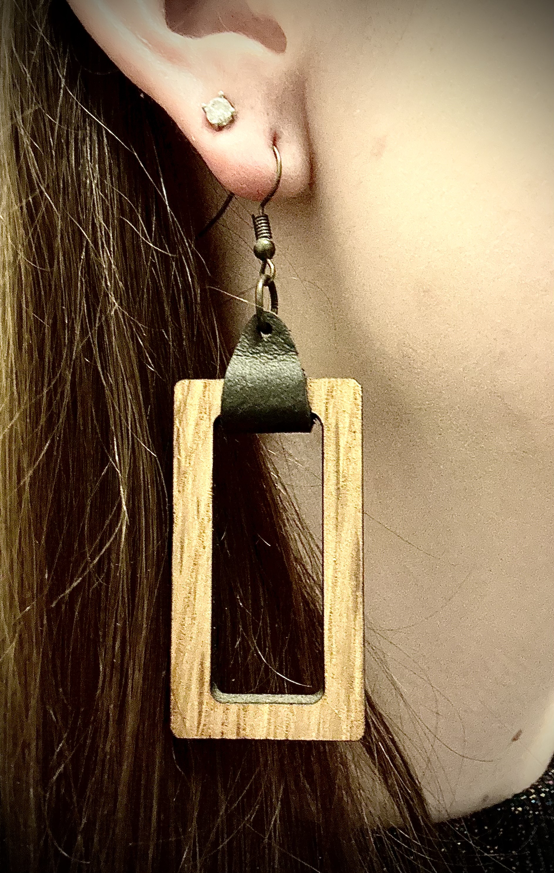 Wood and leather Rectangle Earrings