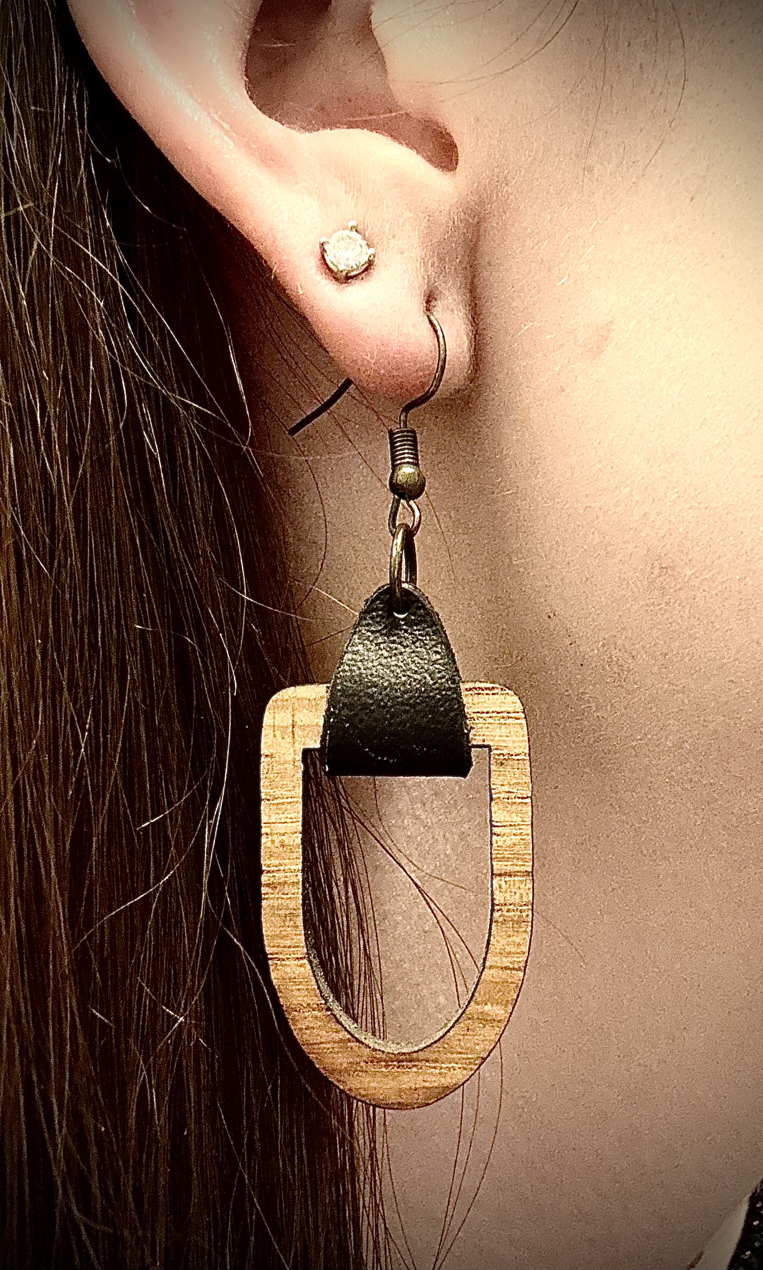 Wood and Leather Geometric Earrings
