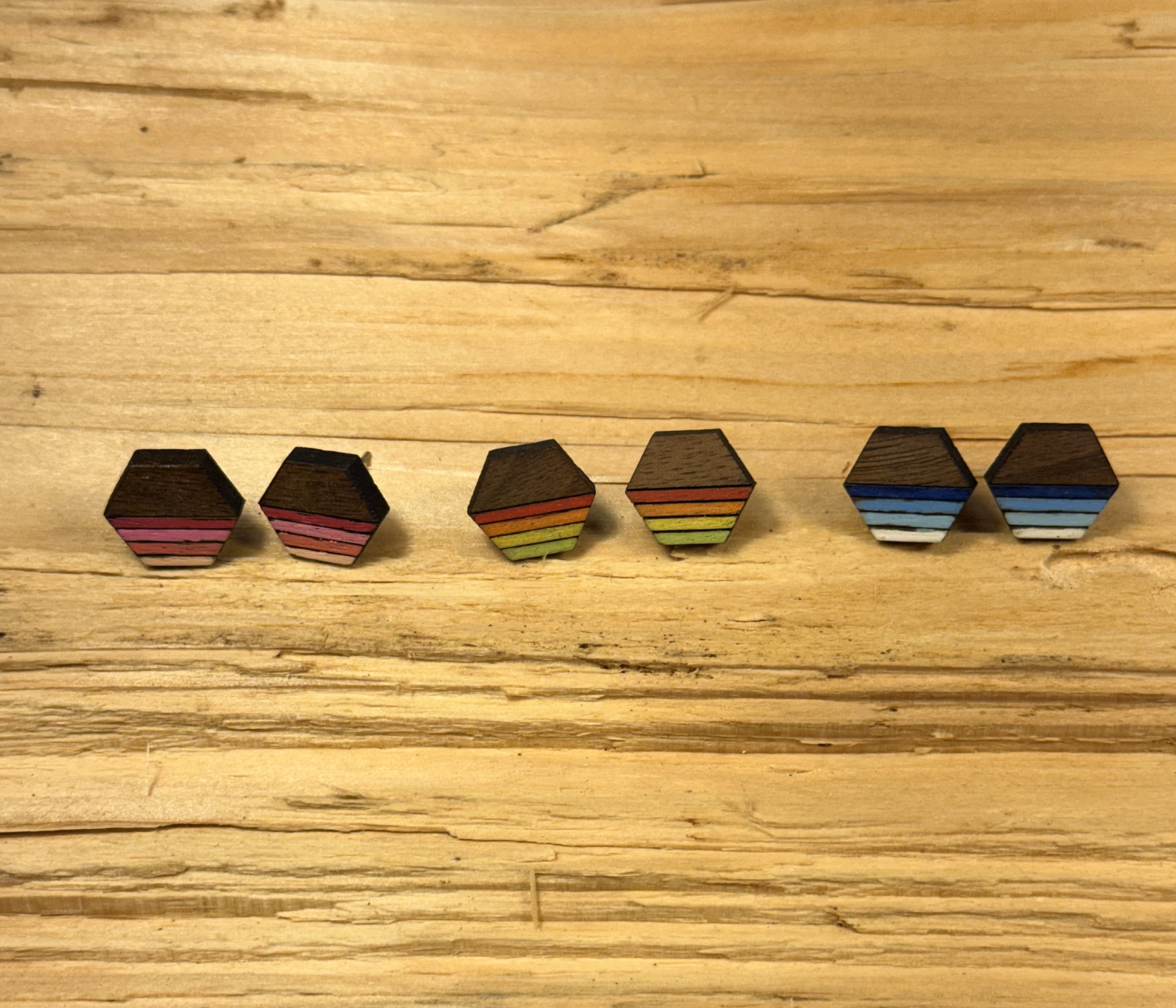Wooden Hexagonal Stud Earrings