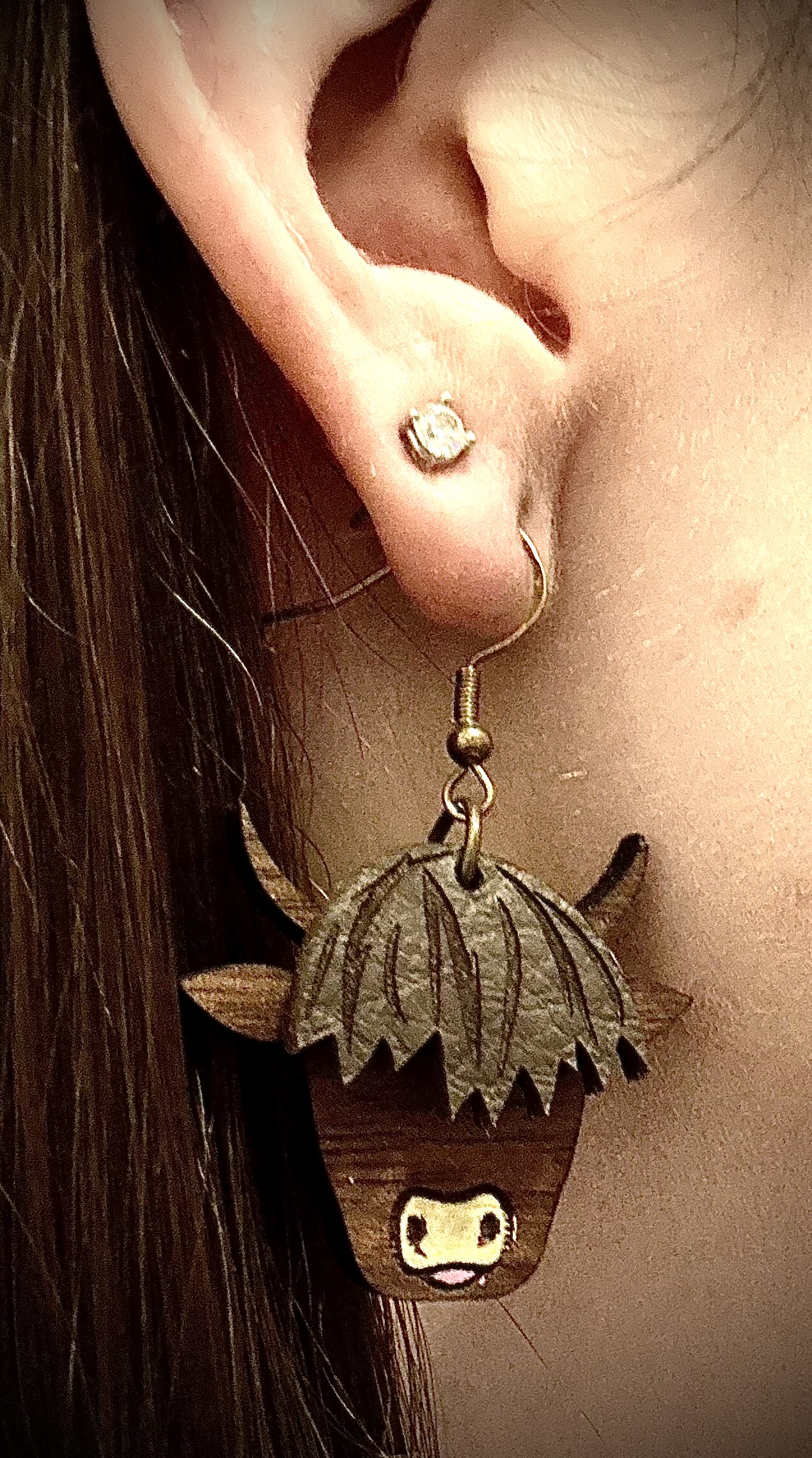 Highland Cow Wood and Leather Earring