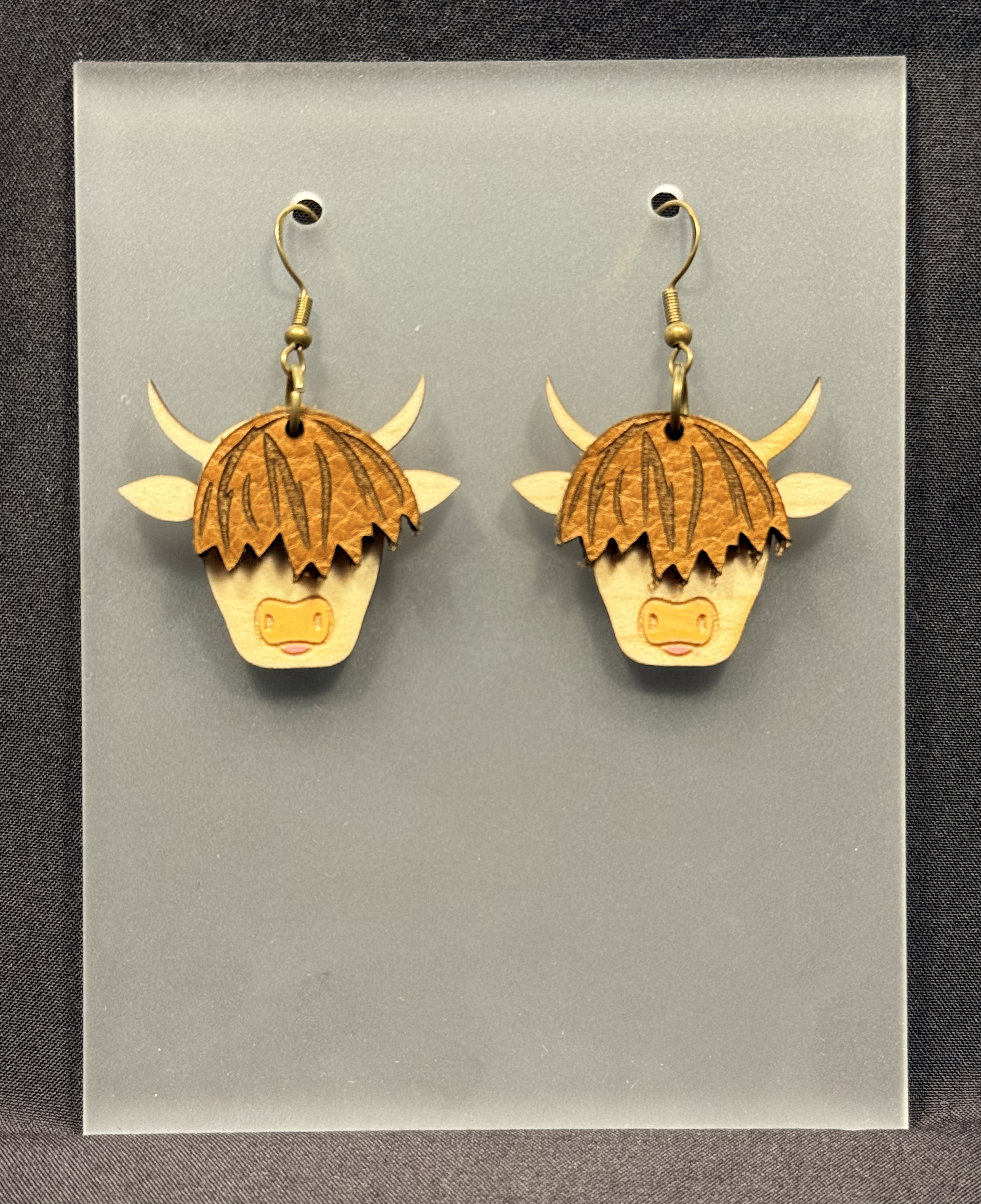 Highland Cow Wood and Leather Earring