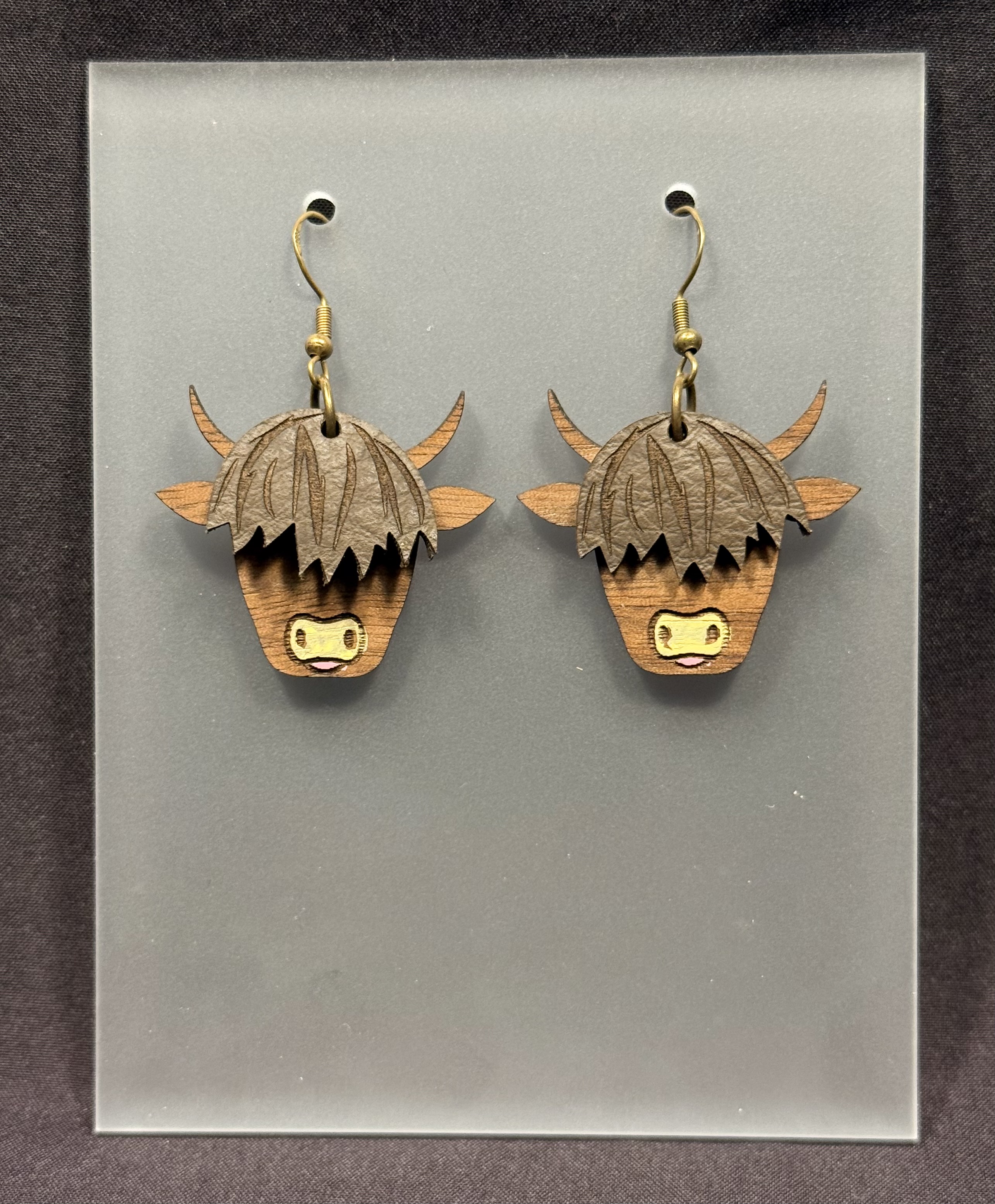 Highland Cow Wood and Leather Earring