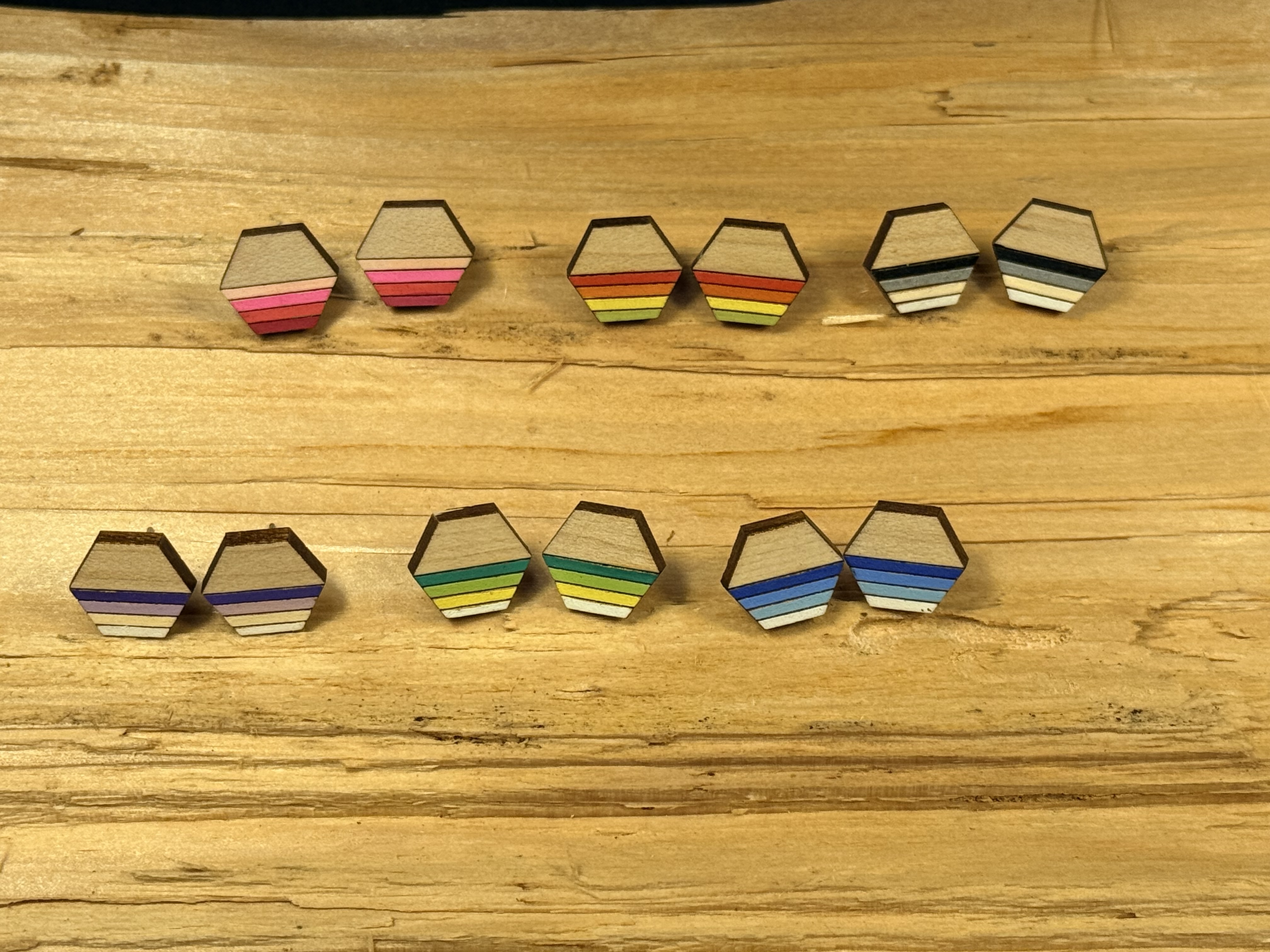 Wooden Hexagonal Stud Earrings
