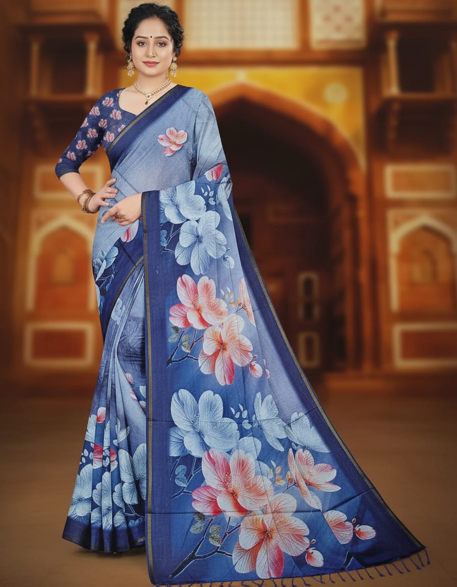 Blue Floral Printed Saree
