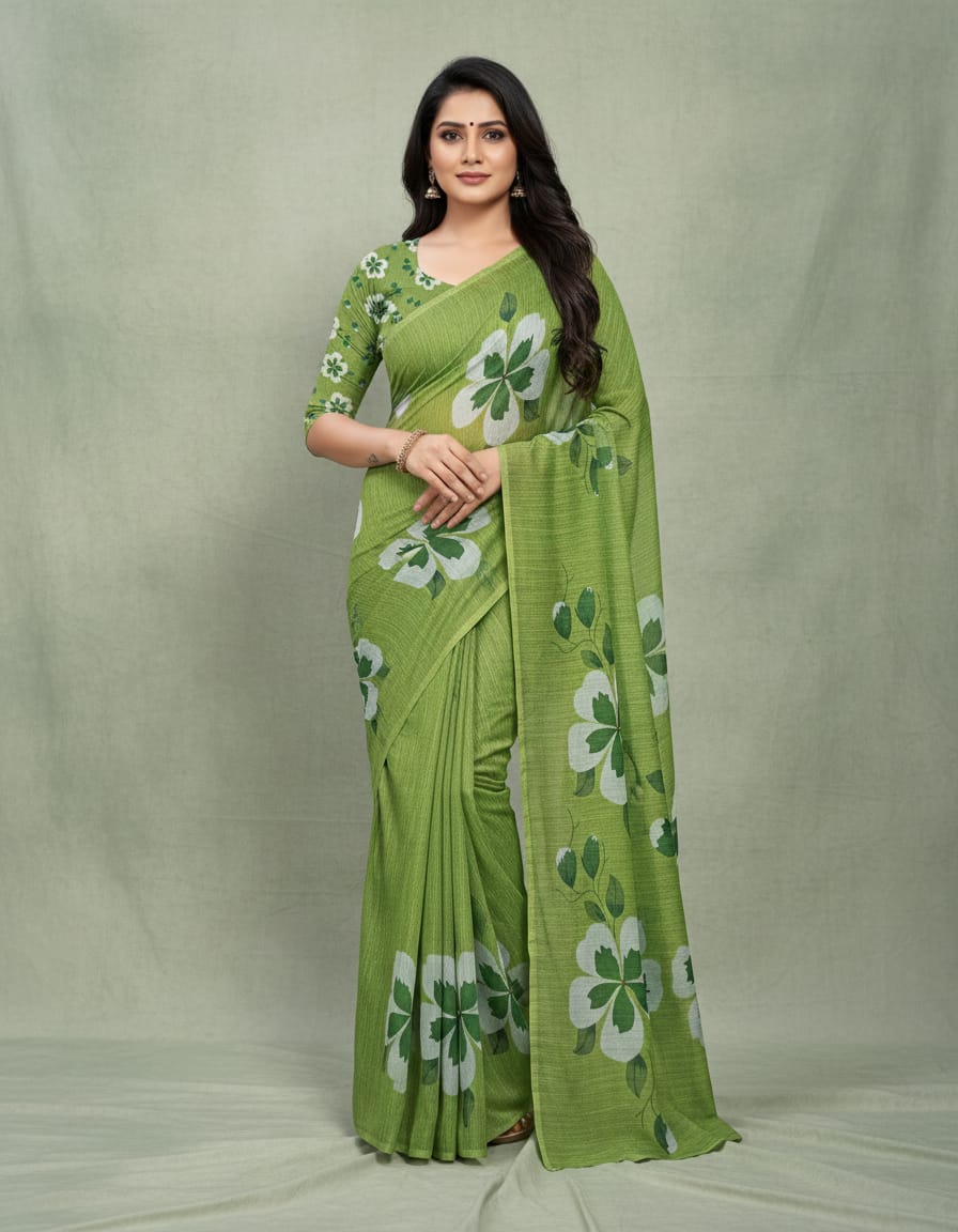 Green Floral Printed Saree
