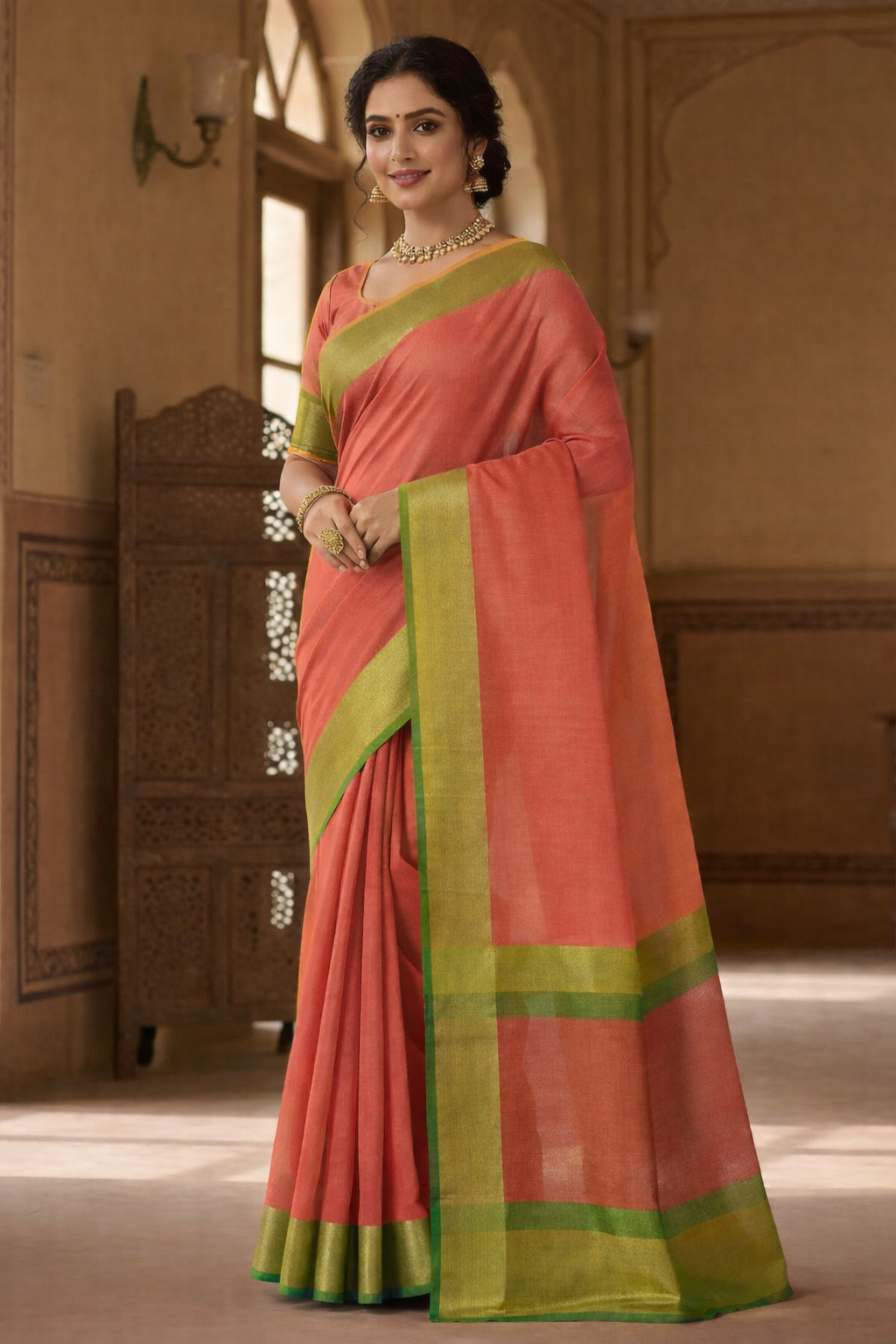 Elegant Peach Tissue Cotton Saree
