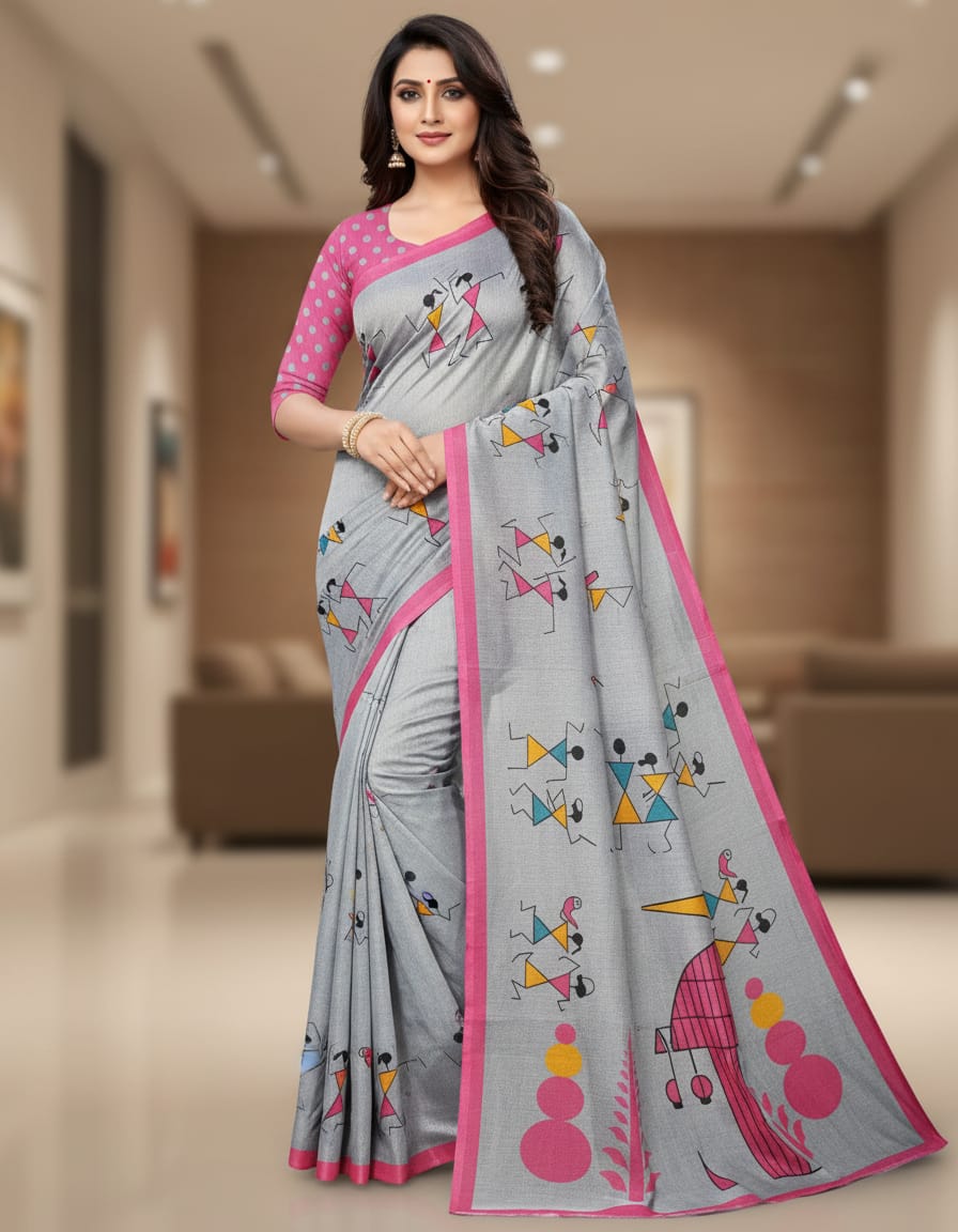 Stickfight Design Print Grey Cotton Saree