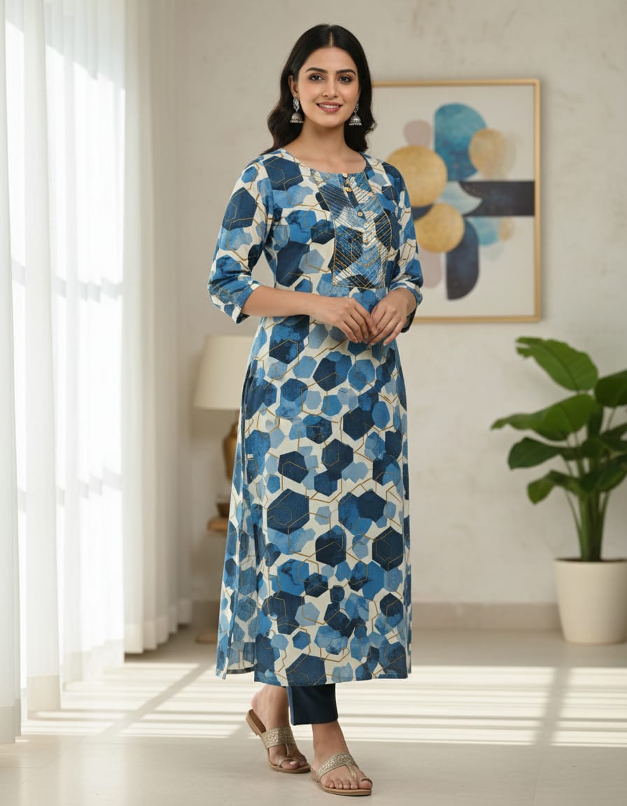 Blue Geometric Print Kurti
