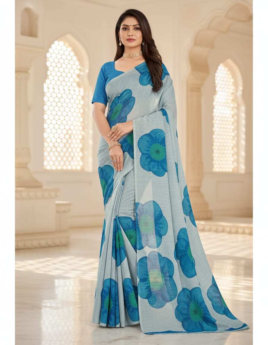 Sky Blue Floral Print Saree
