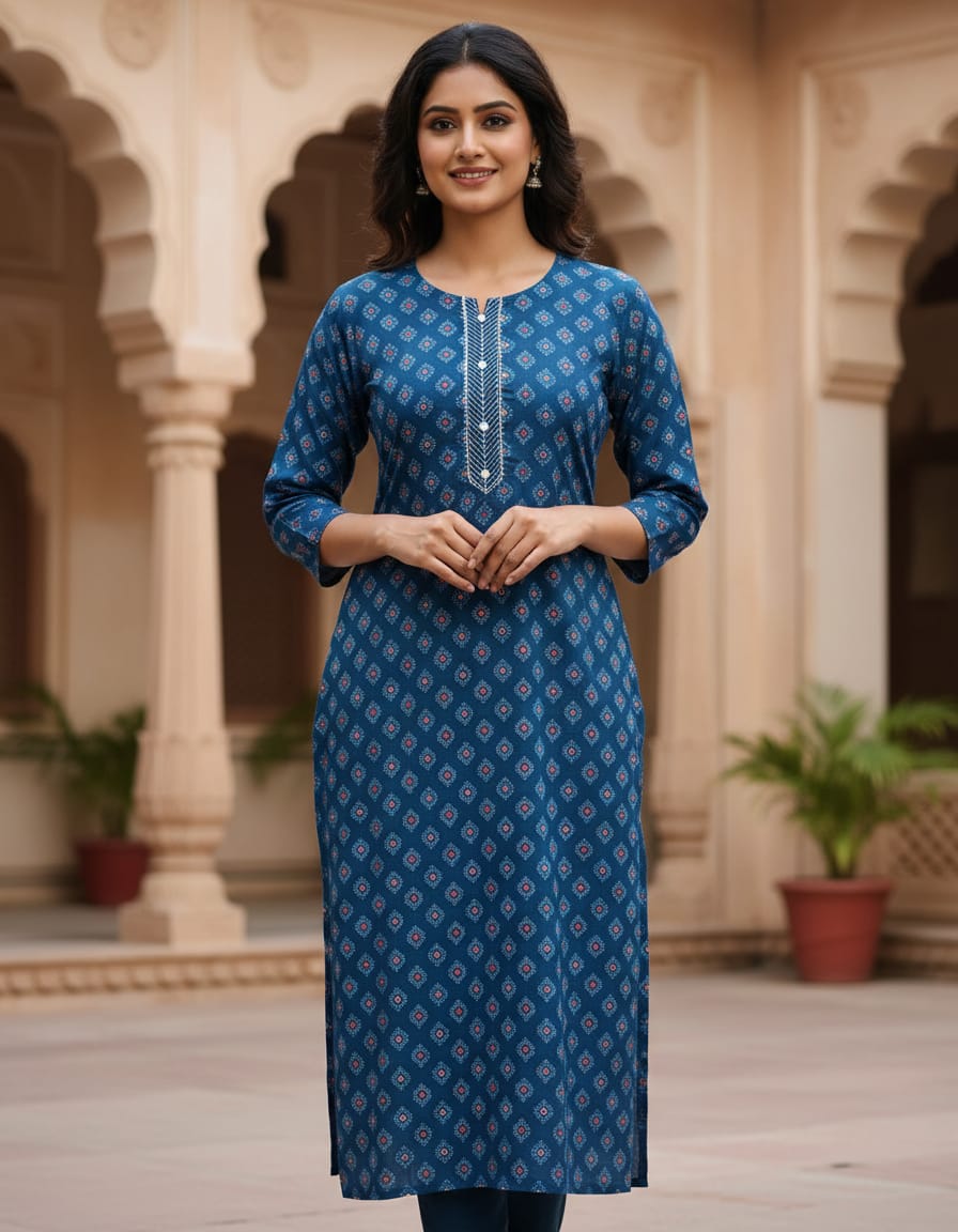 Blue Cotton Printed Kurti