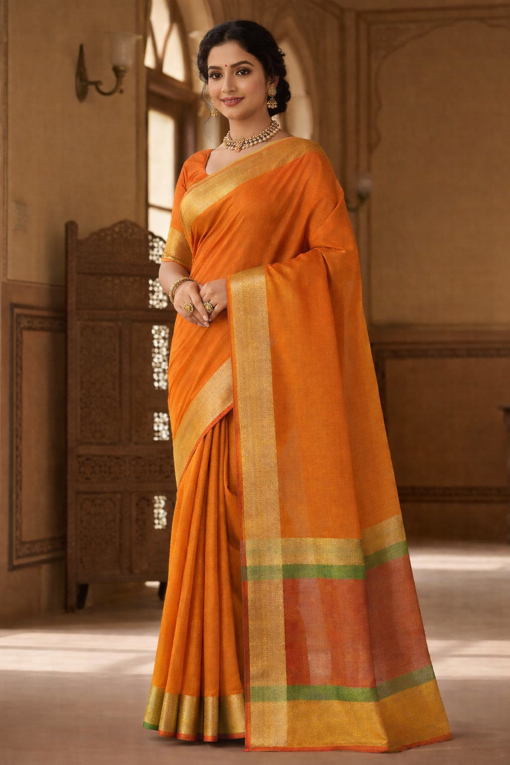 Elegant Orange Tissue Cotton Saree