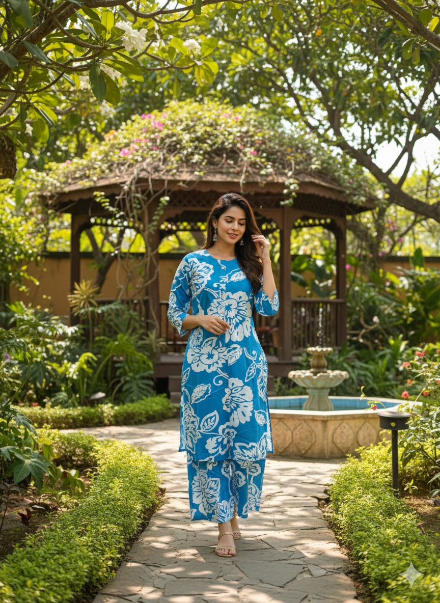 Blue Floral Maxi Kurti Set