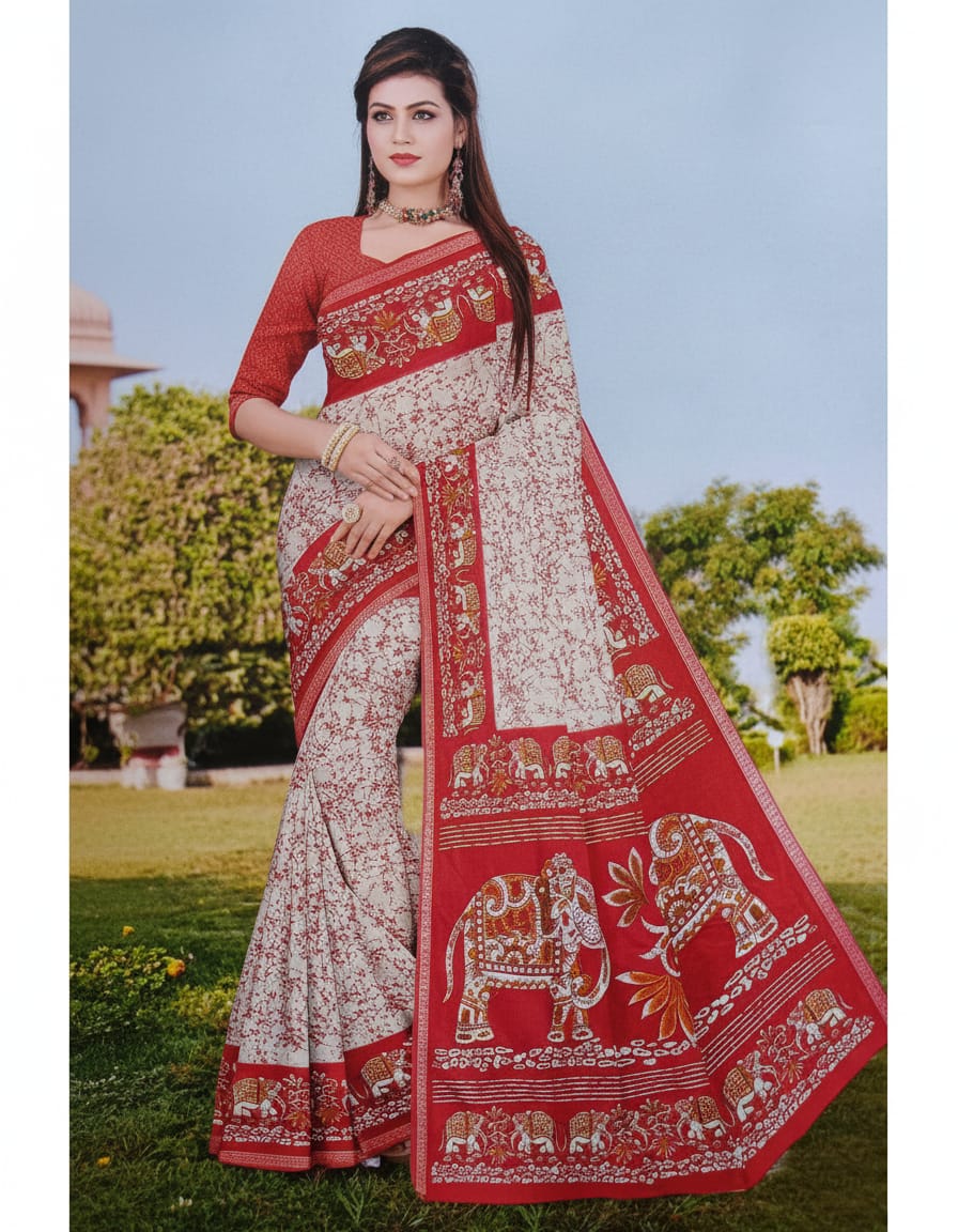 Elegant Red Printed Cotton Saree