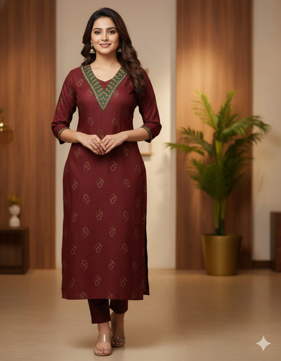 Maroon Printed Kurti Set