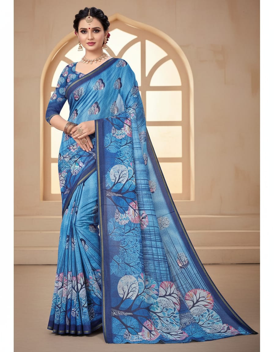 Blue Floral Printed Saree