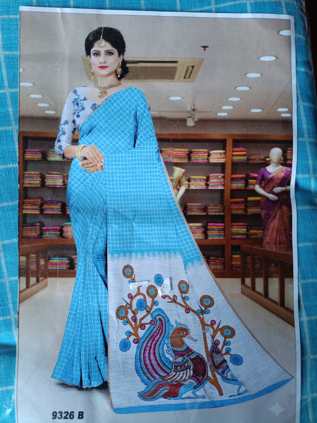 Blue Traditional Cotton Saree With Peacock Design