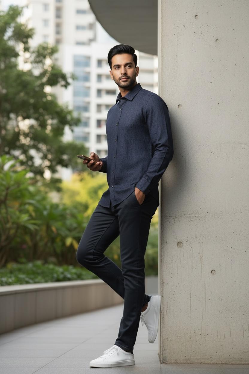 Men's Navy Blue Design Cotton Shirts