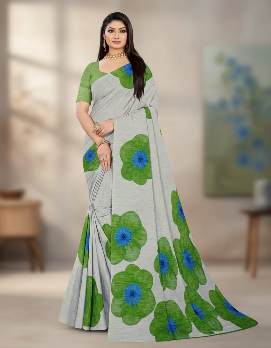 Sky Blue Floral Print Saree