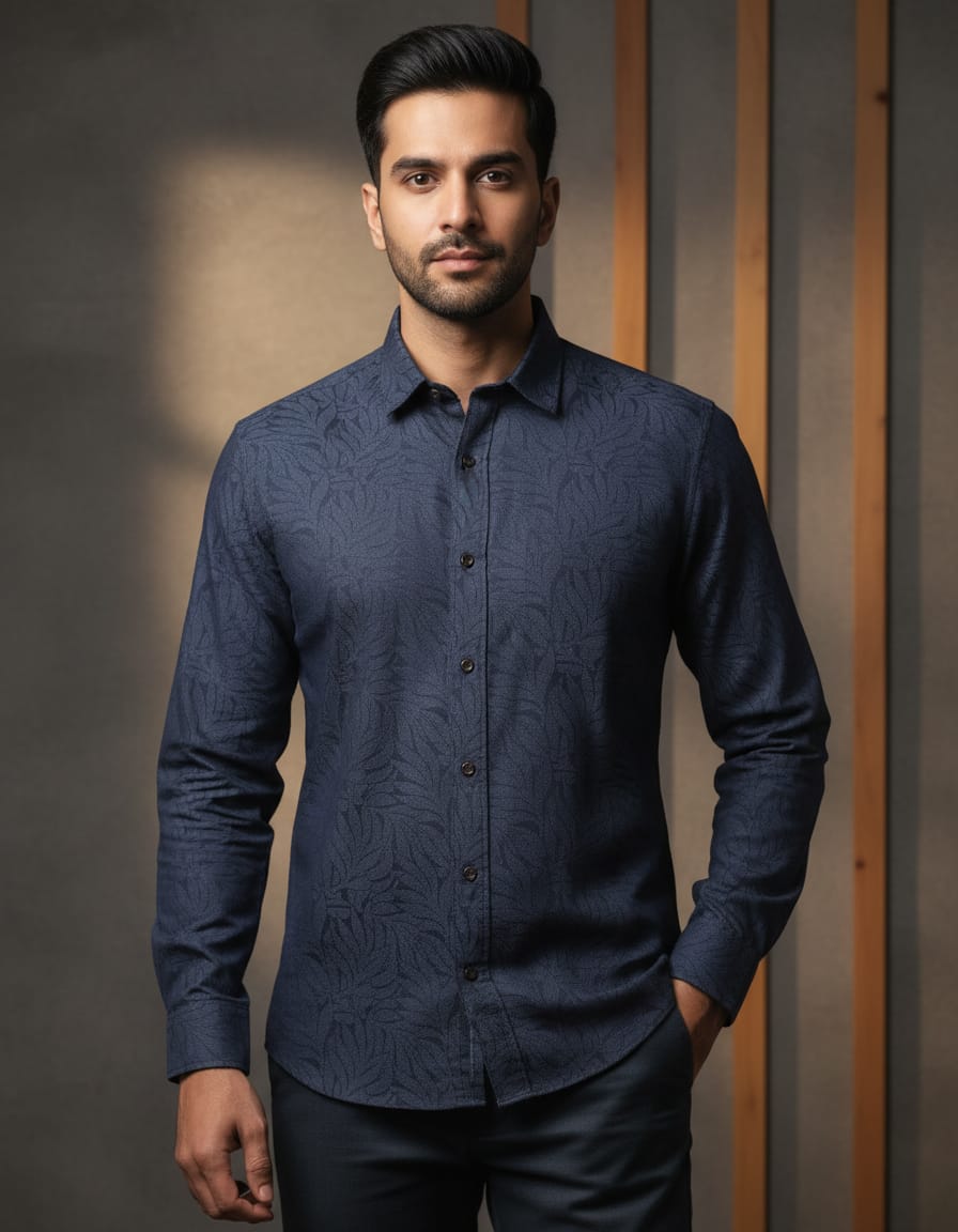 Men's Navy Blue Design Cotton Shirts