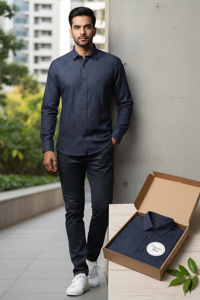 Men's Navy Blue Design Cotton Shirts